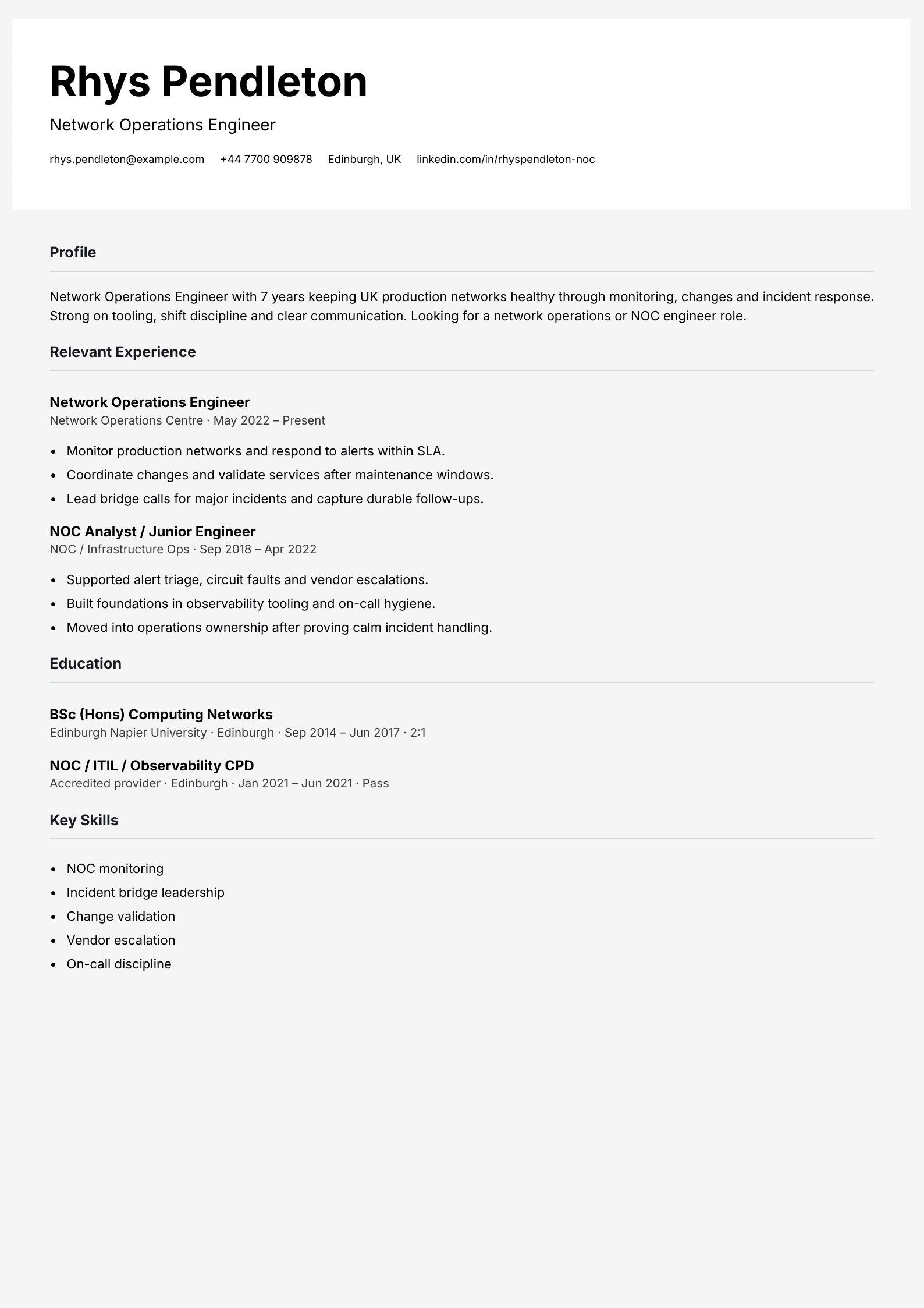 network operations engineer CV template