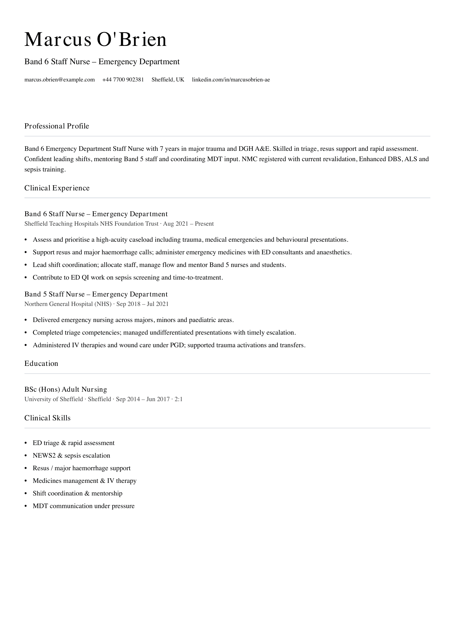 accident and emergency staff nurse cv template