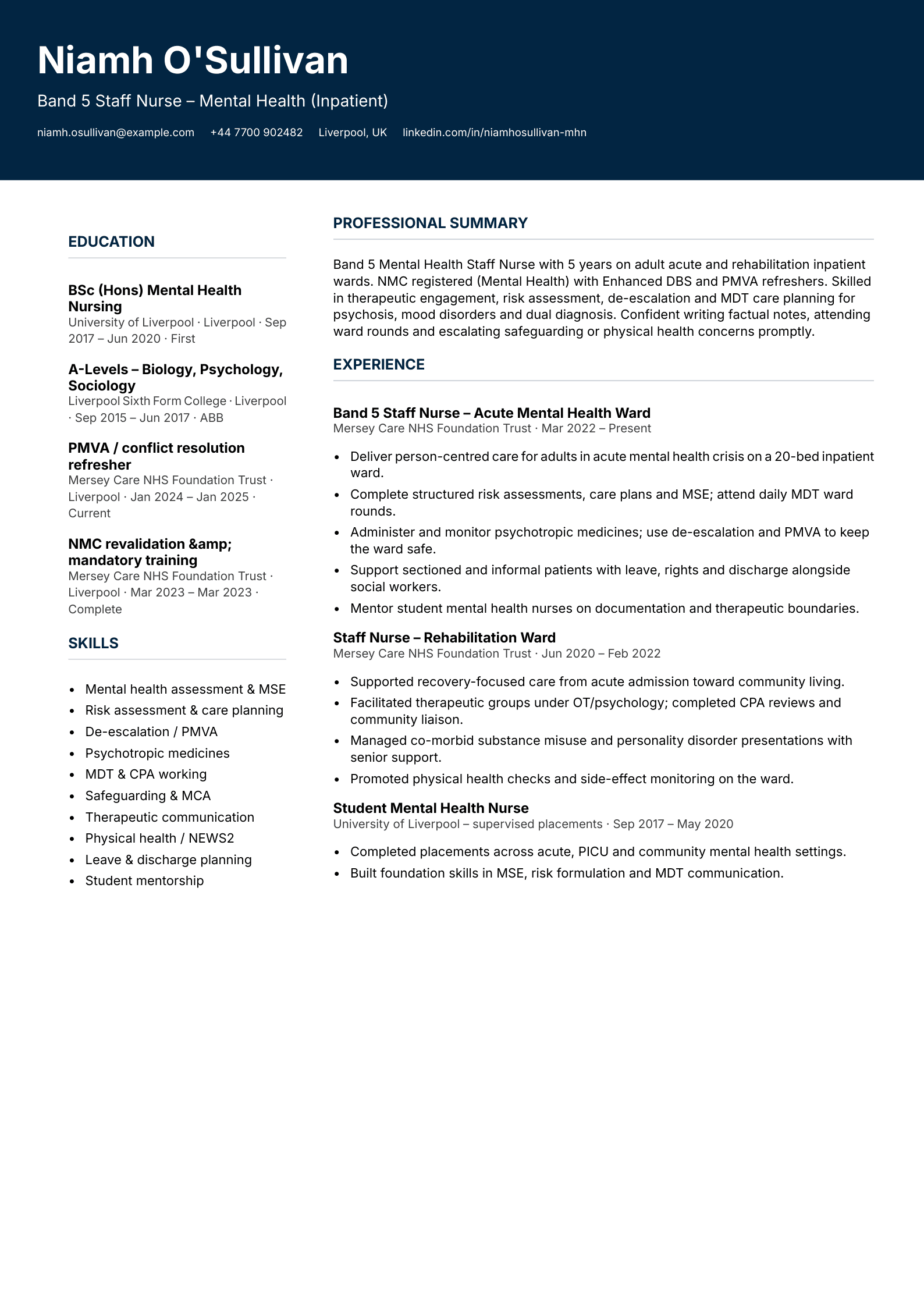 mental health staff nurse cv template