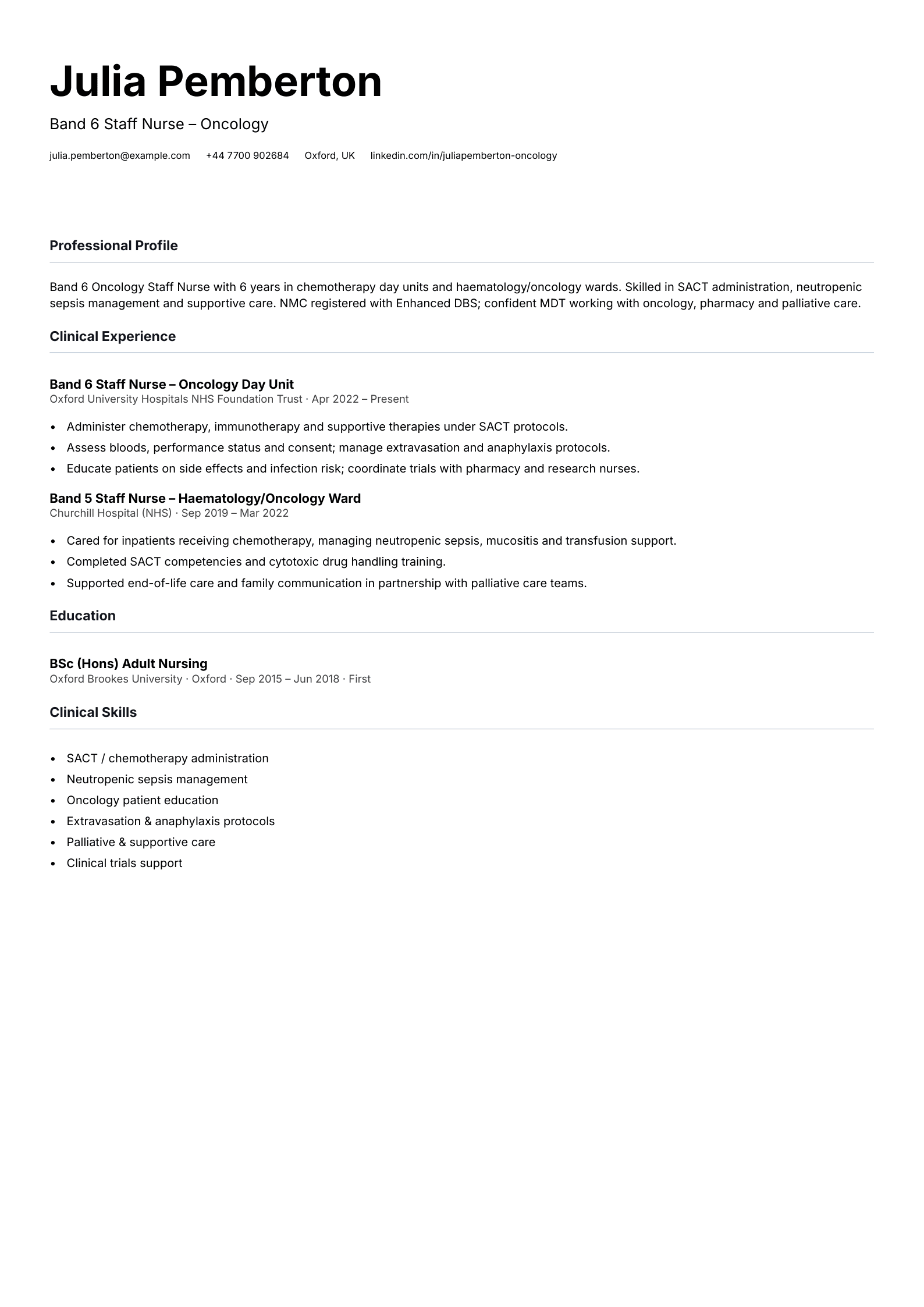 oncology staff nurse cv template