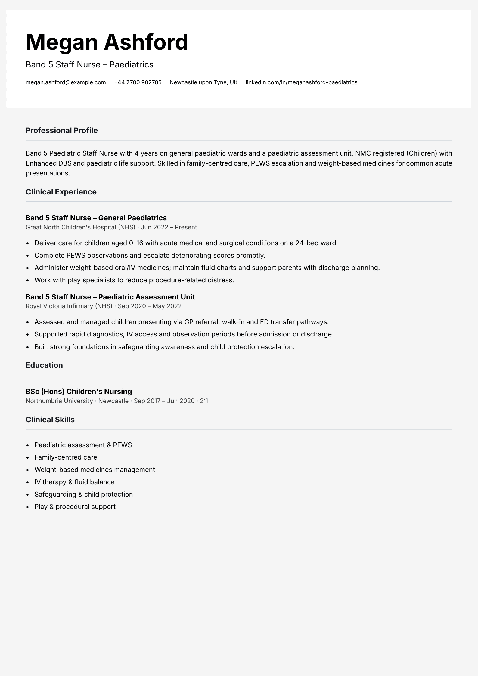 Paediatric staff nurse CV template