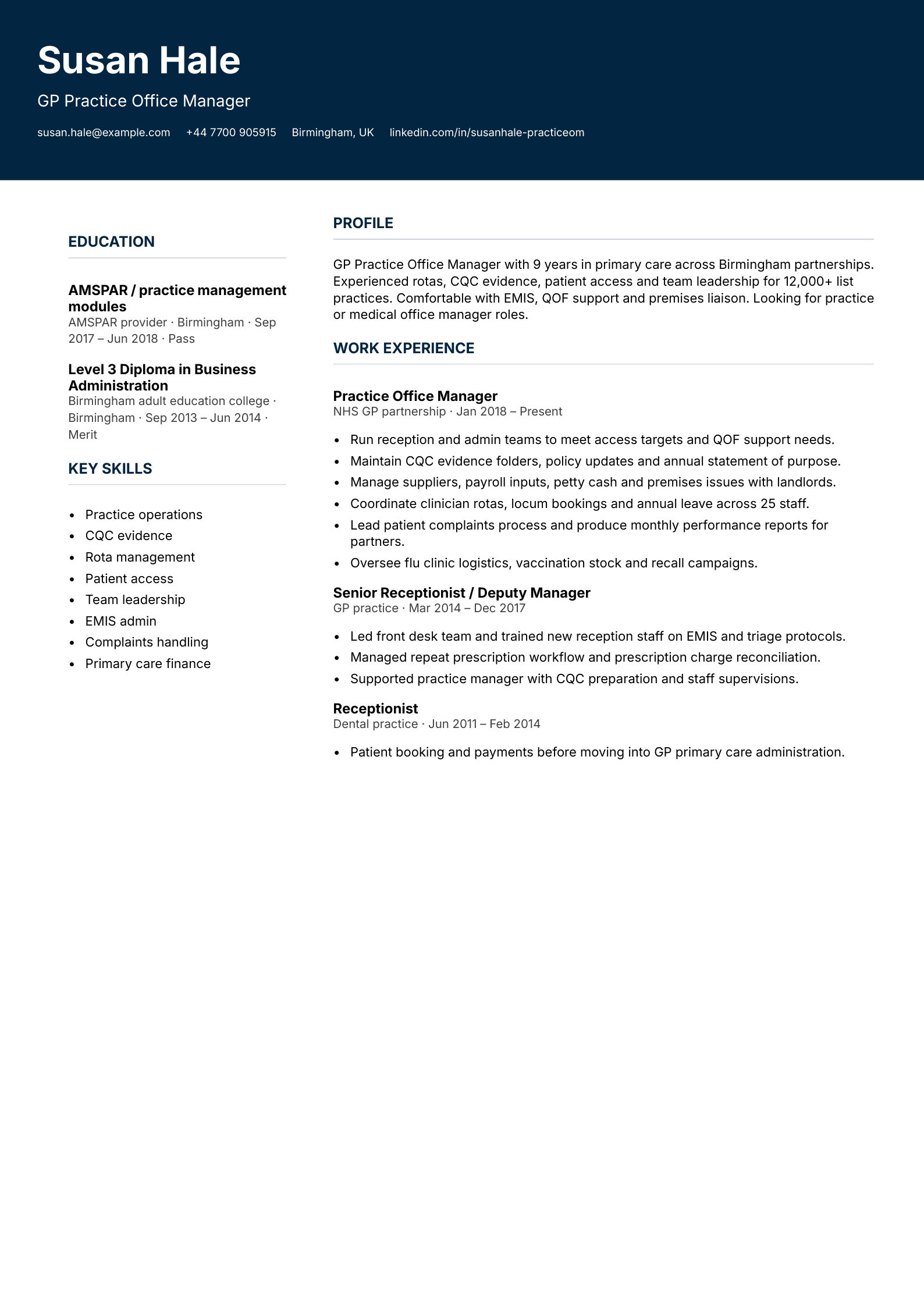 gp practice office manager cv template