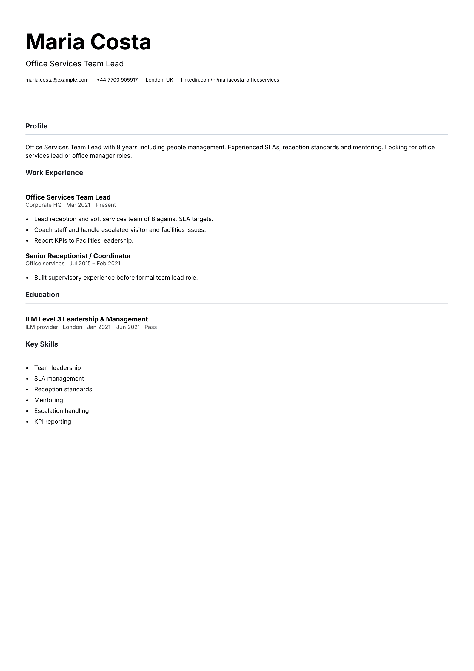 office services team lead cv template