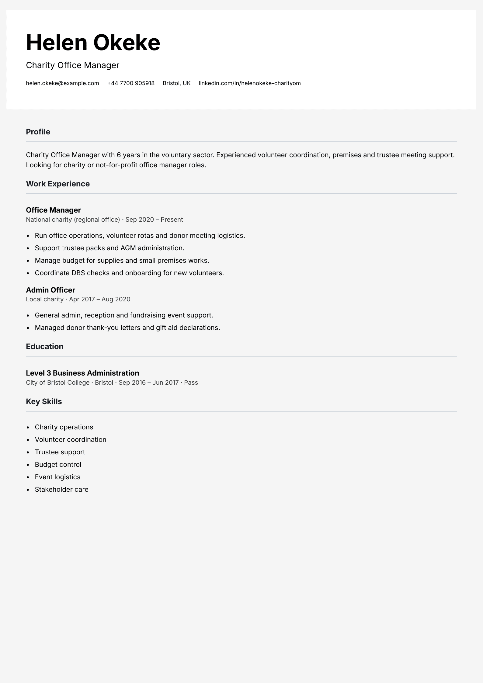 charity office manager cv template