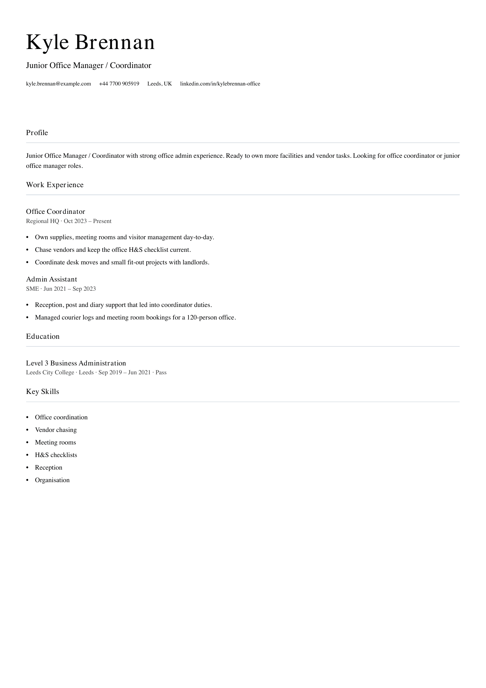 junior office manager cv template