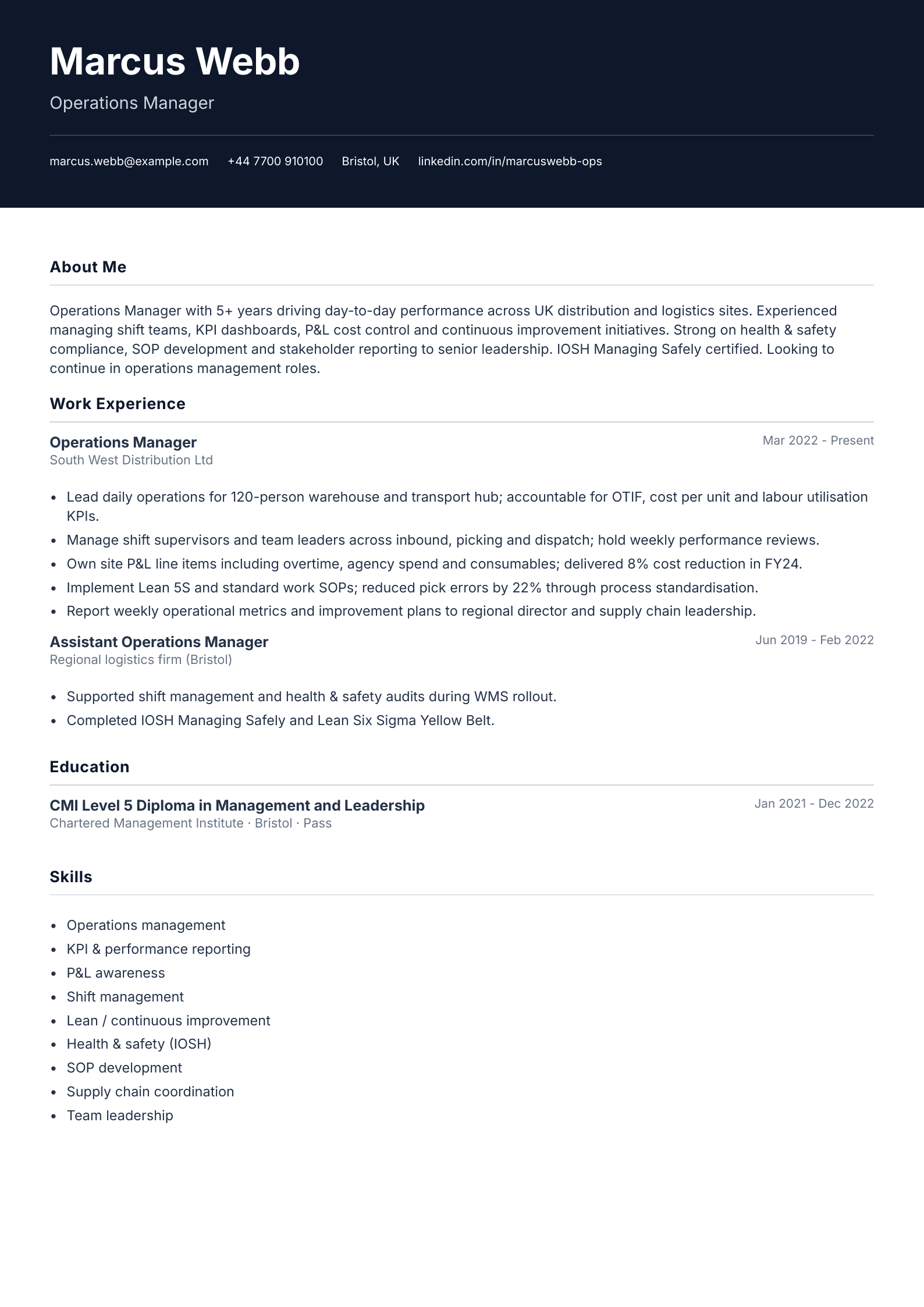 Operations manager CV template