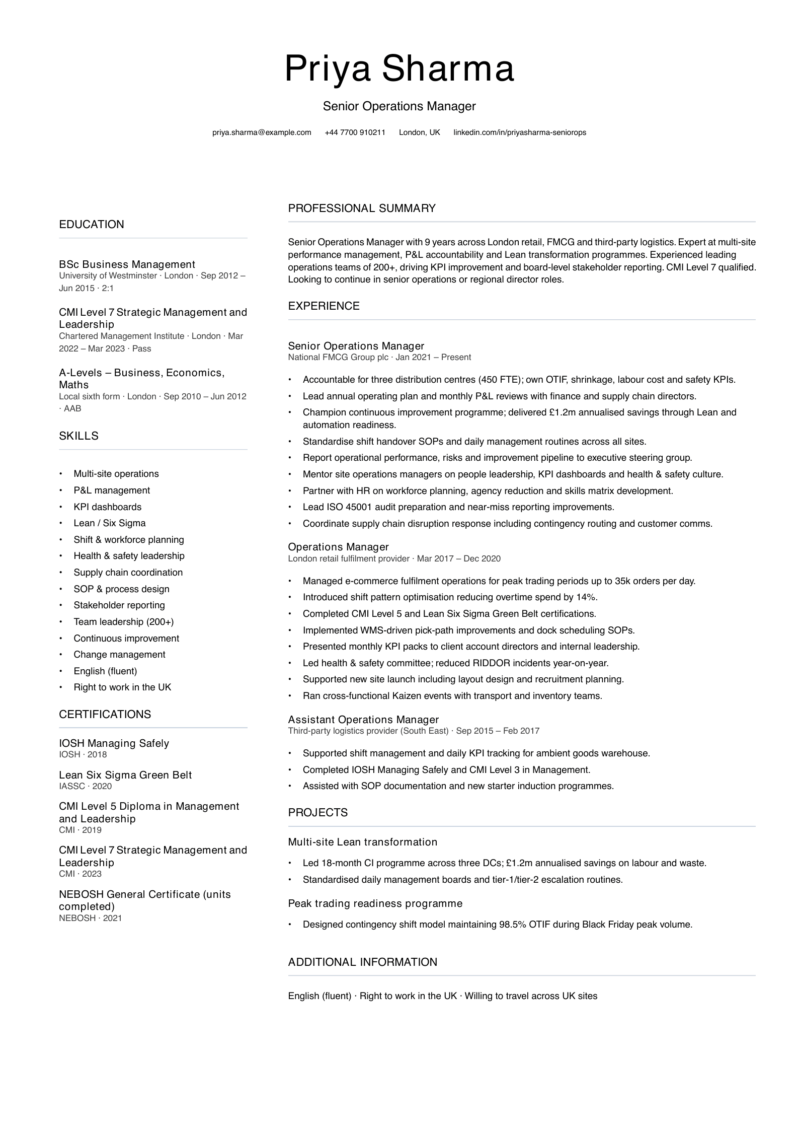 senior operations manager cv template