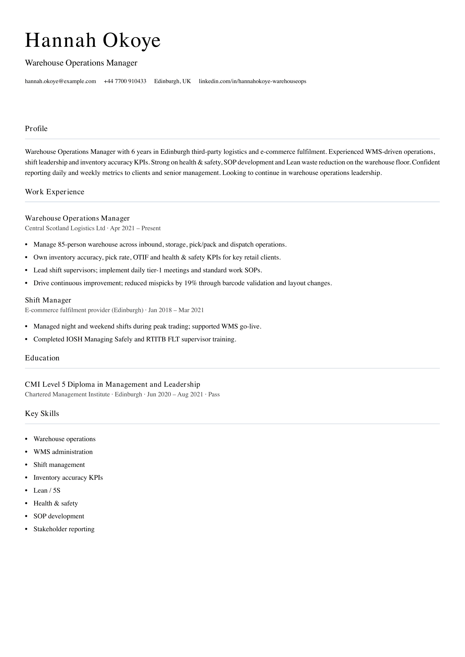 warehouse operations manager cv template
