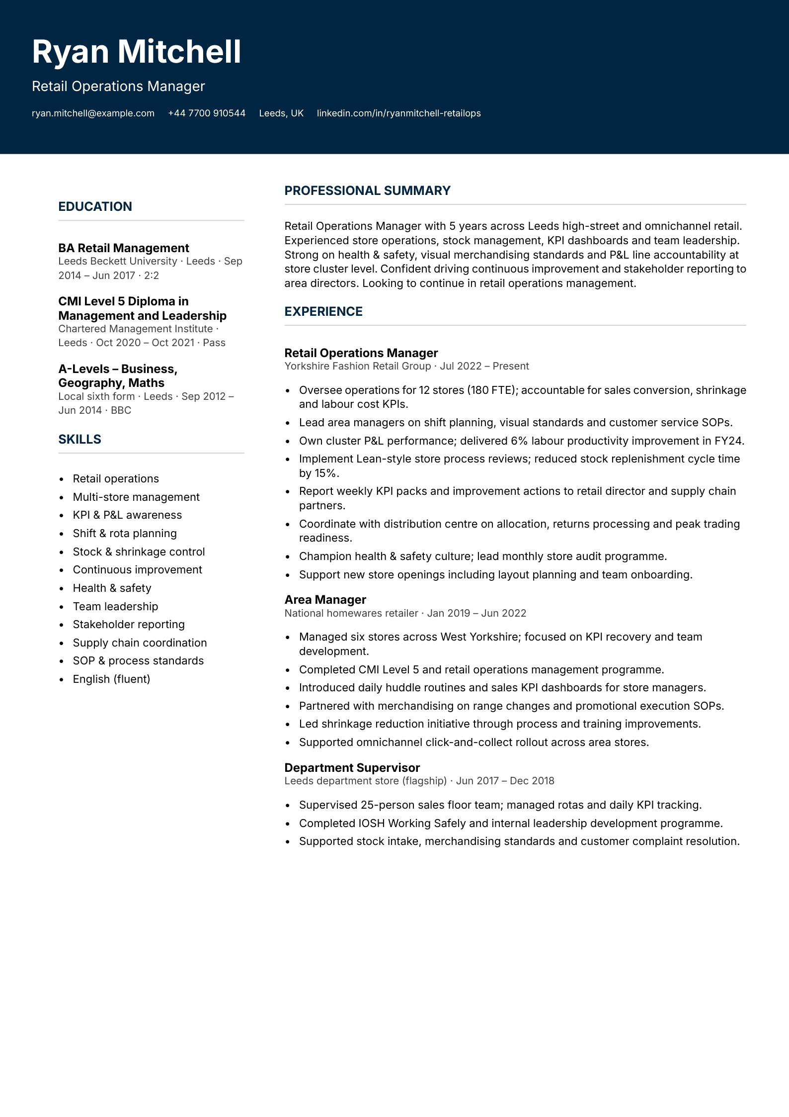 Retail operations manager CV template