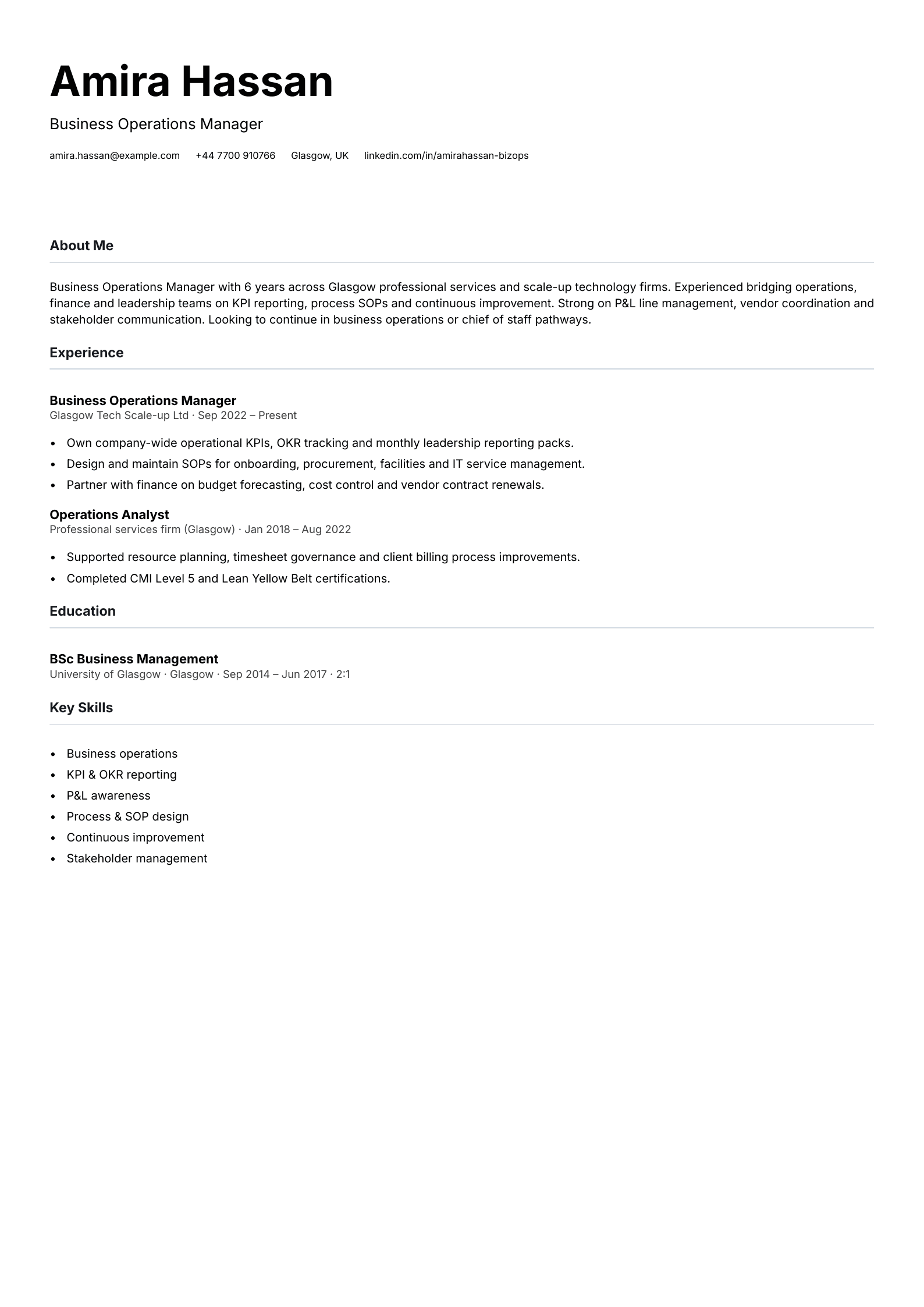 business operations manager cv template
