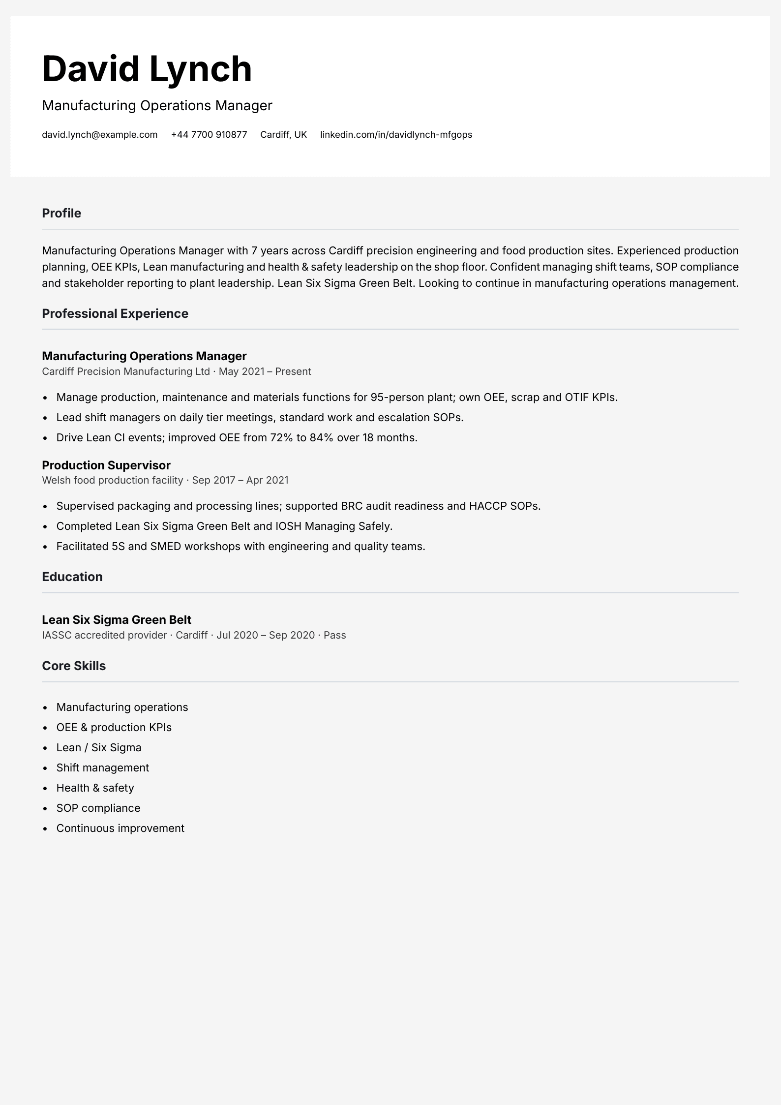 manufacturing operations manager cv template