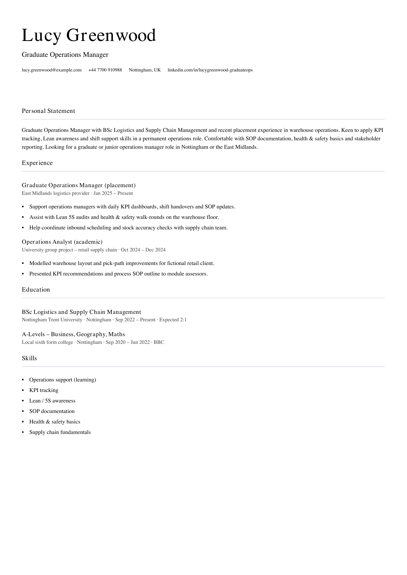 graduate operations manager cv template