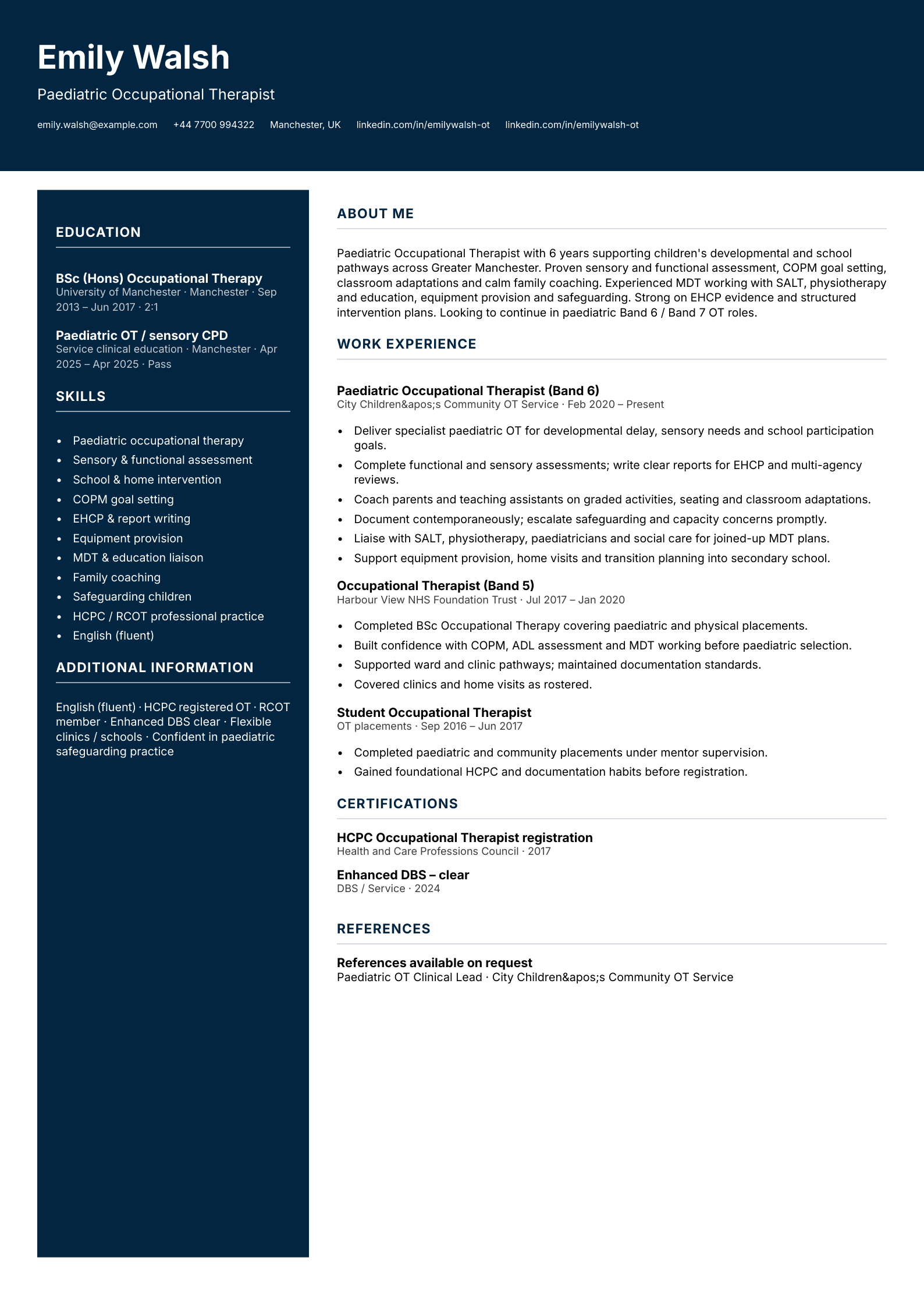 paediatric occupational therapist cv template