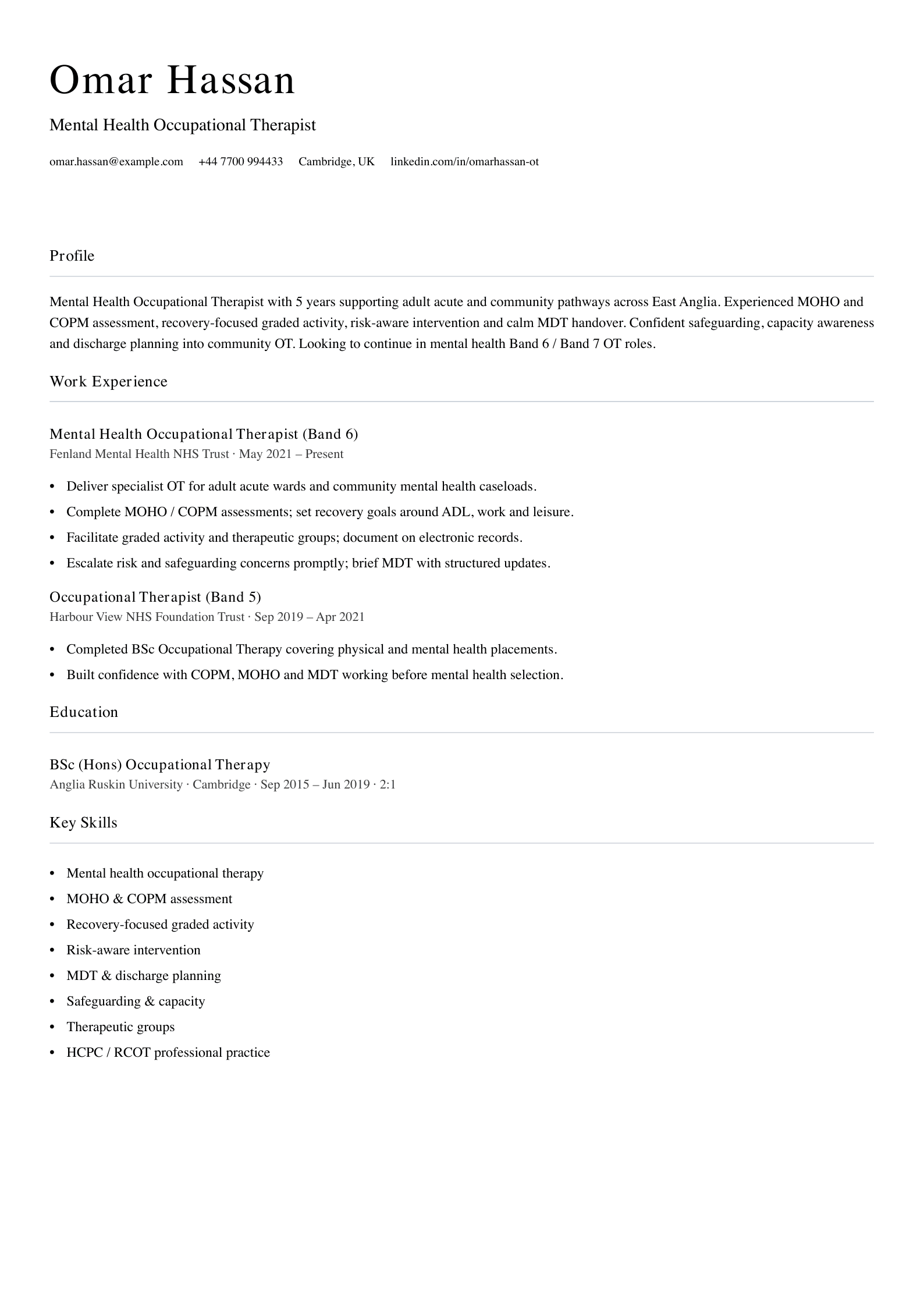 mental health occupational therapist cv template