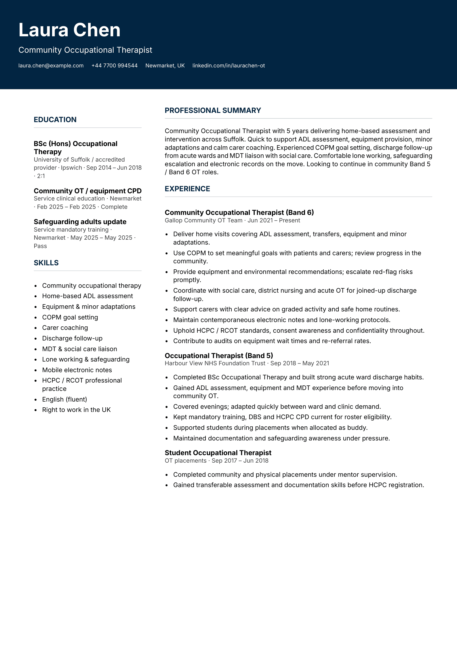 community occupational therapist cv template
