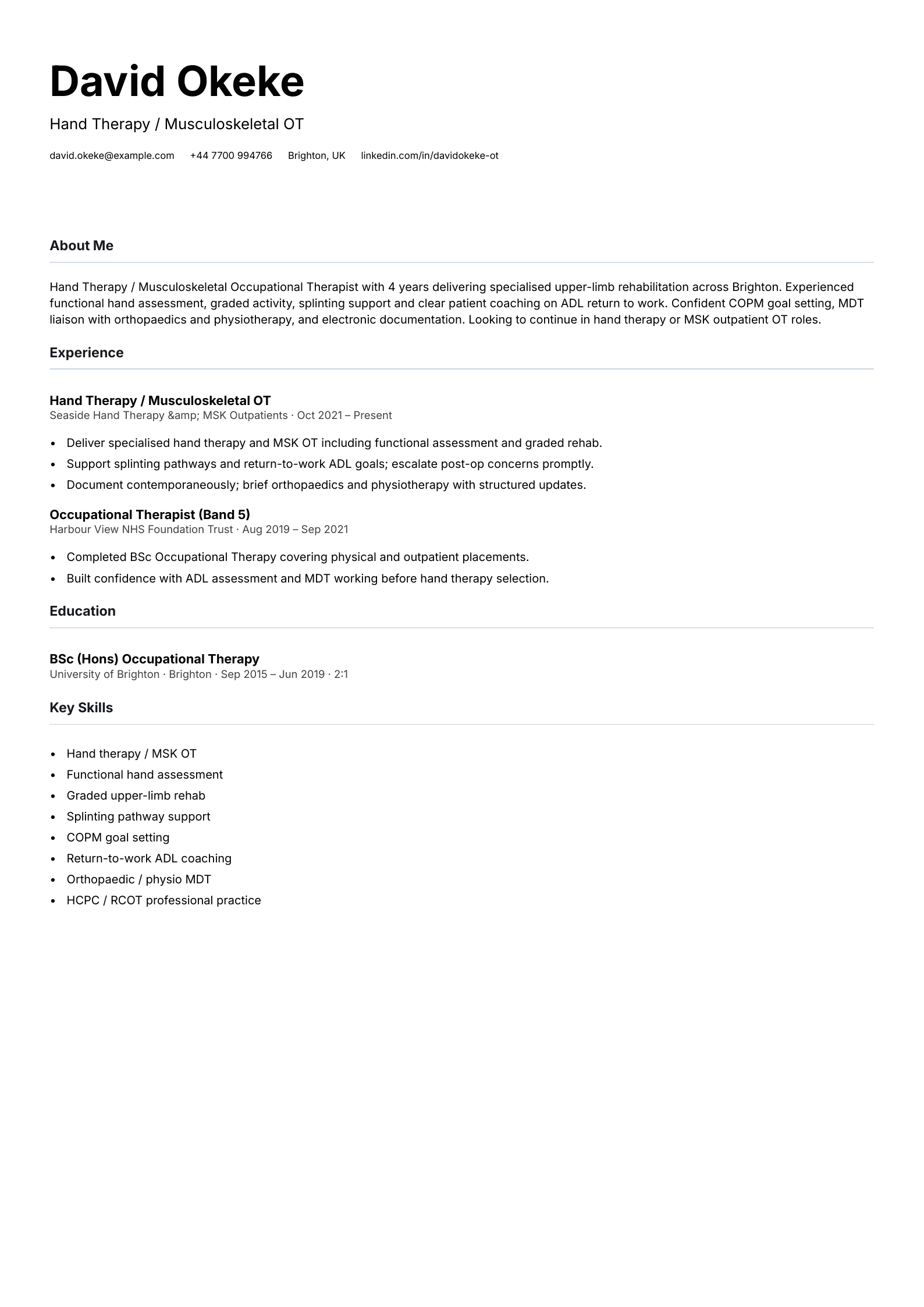 hand therapy musculoskeletal occupational therapist cv template
