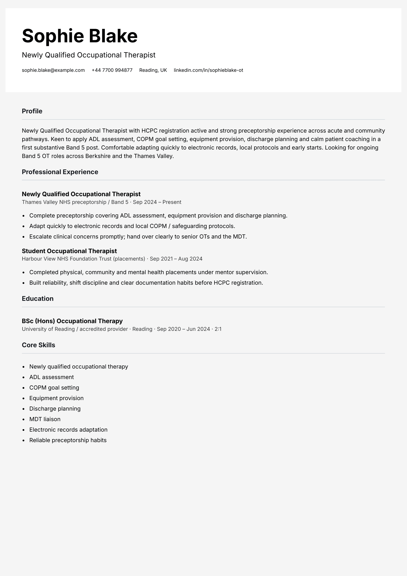newly qualified occupational therapist cv template