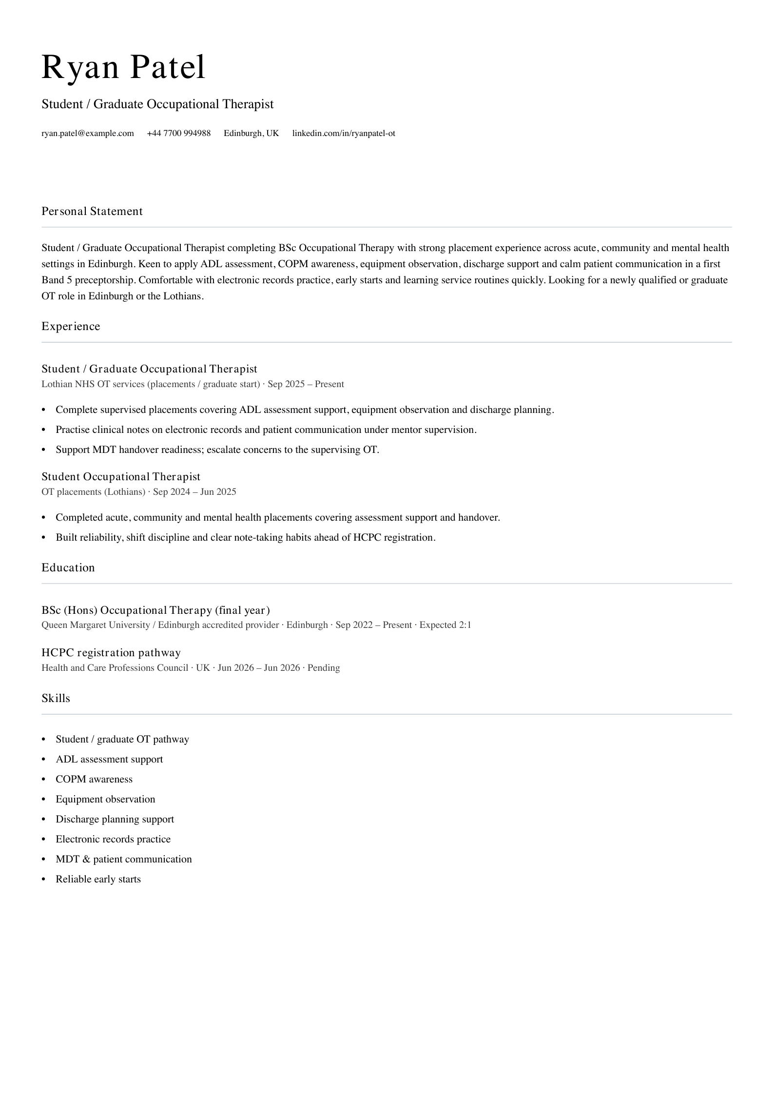 student graduate occupational therapist cv template