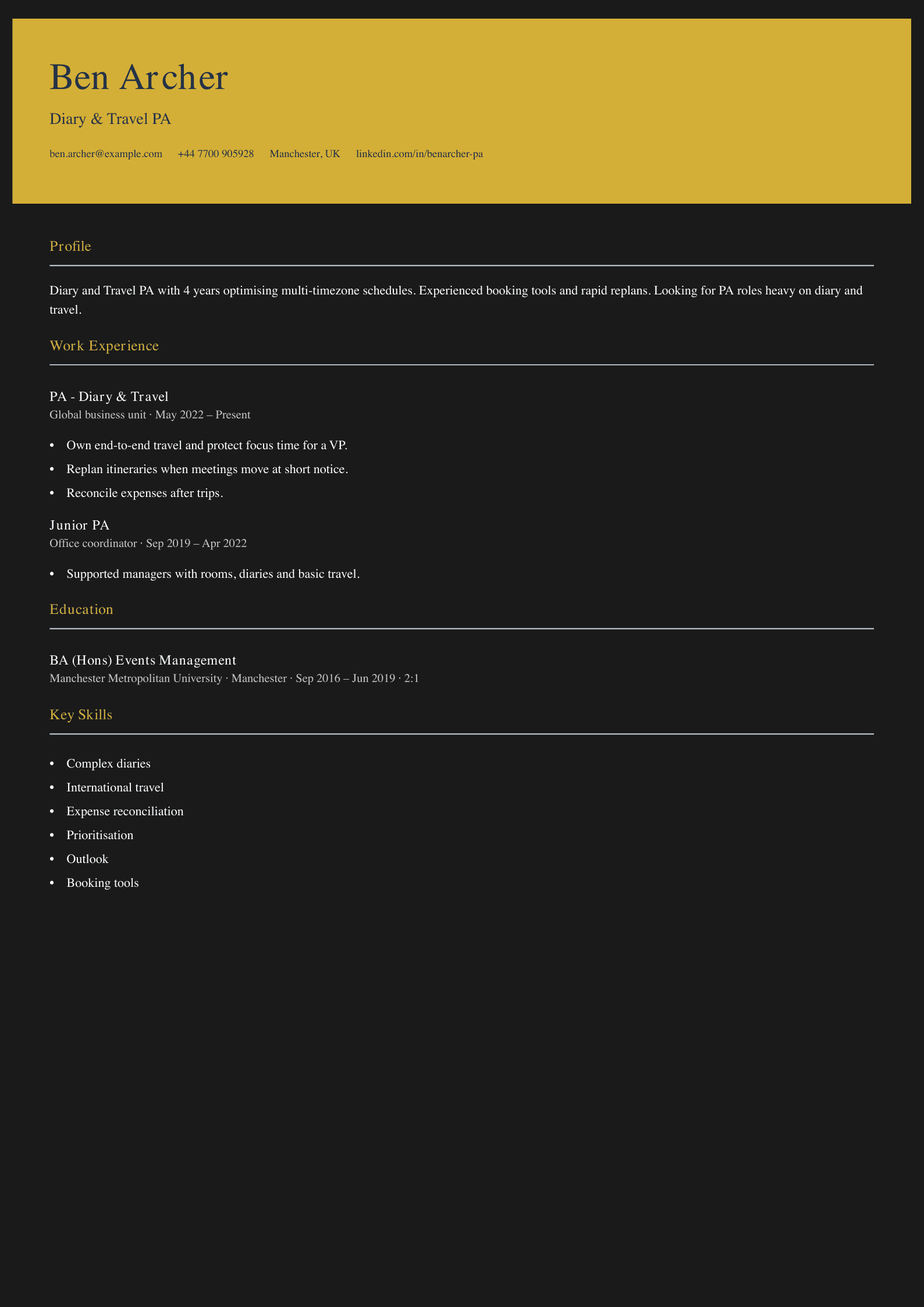 diary travel pa cv template