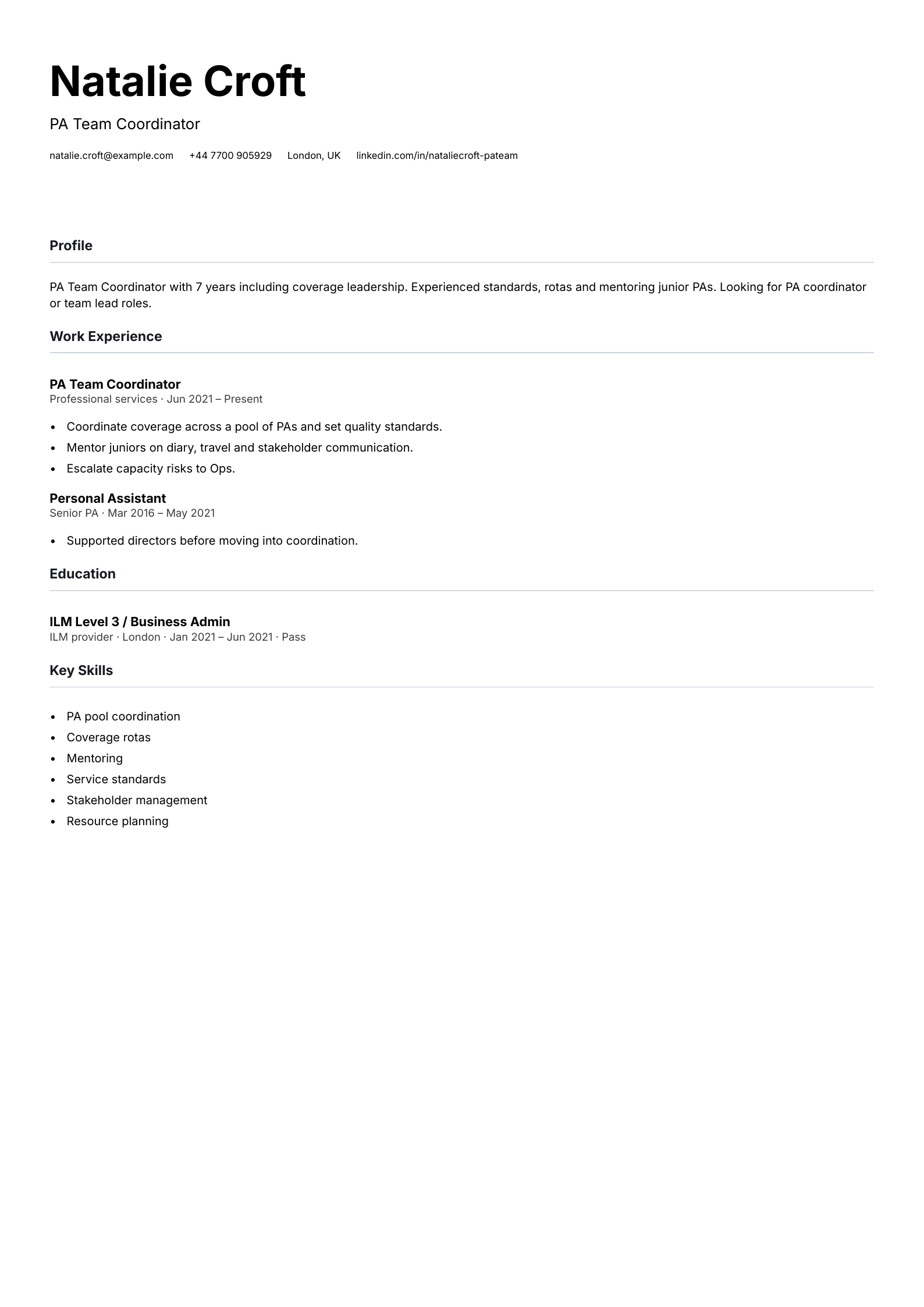 pa team coordinator cv template
