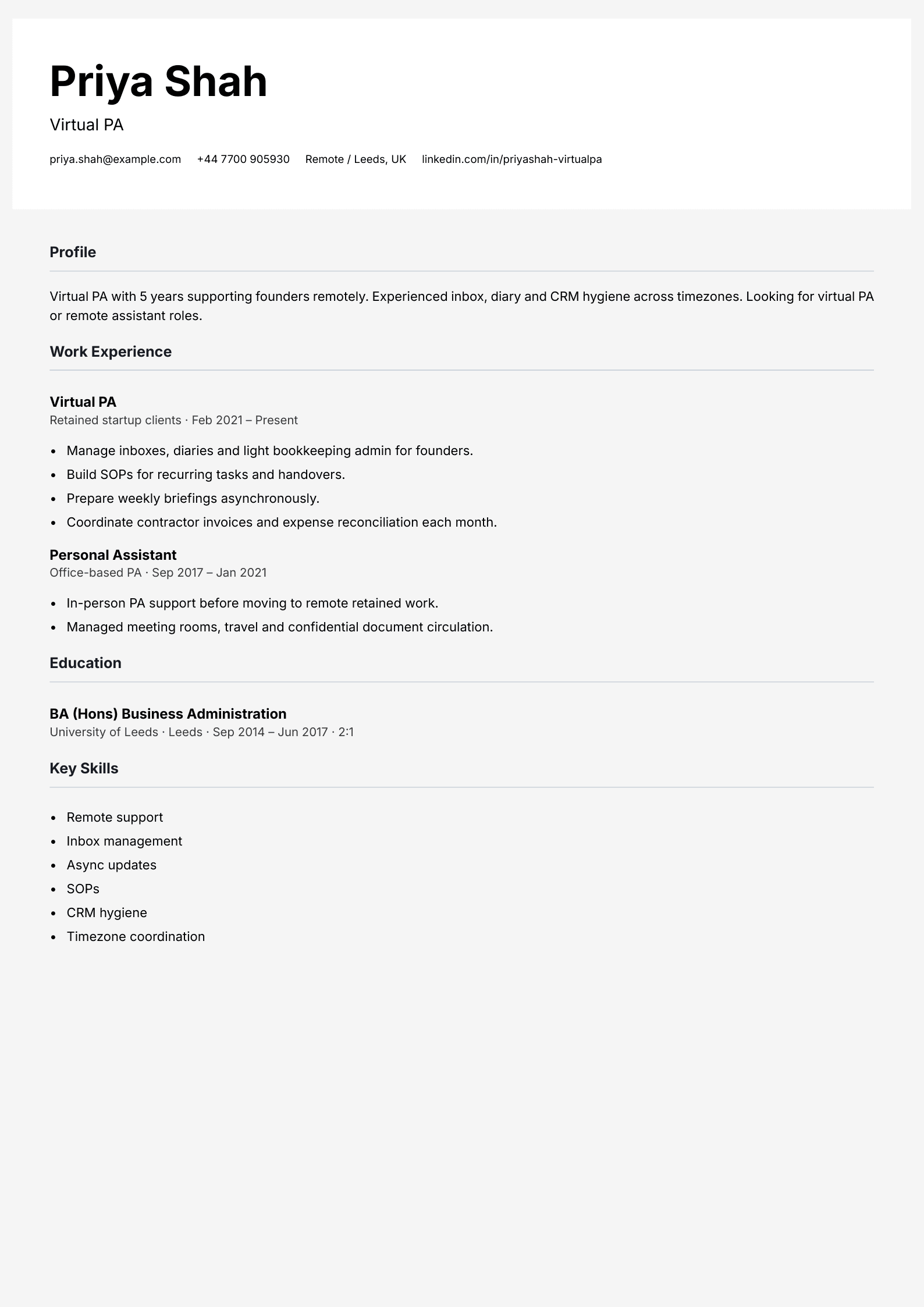 virtual pa cv template