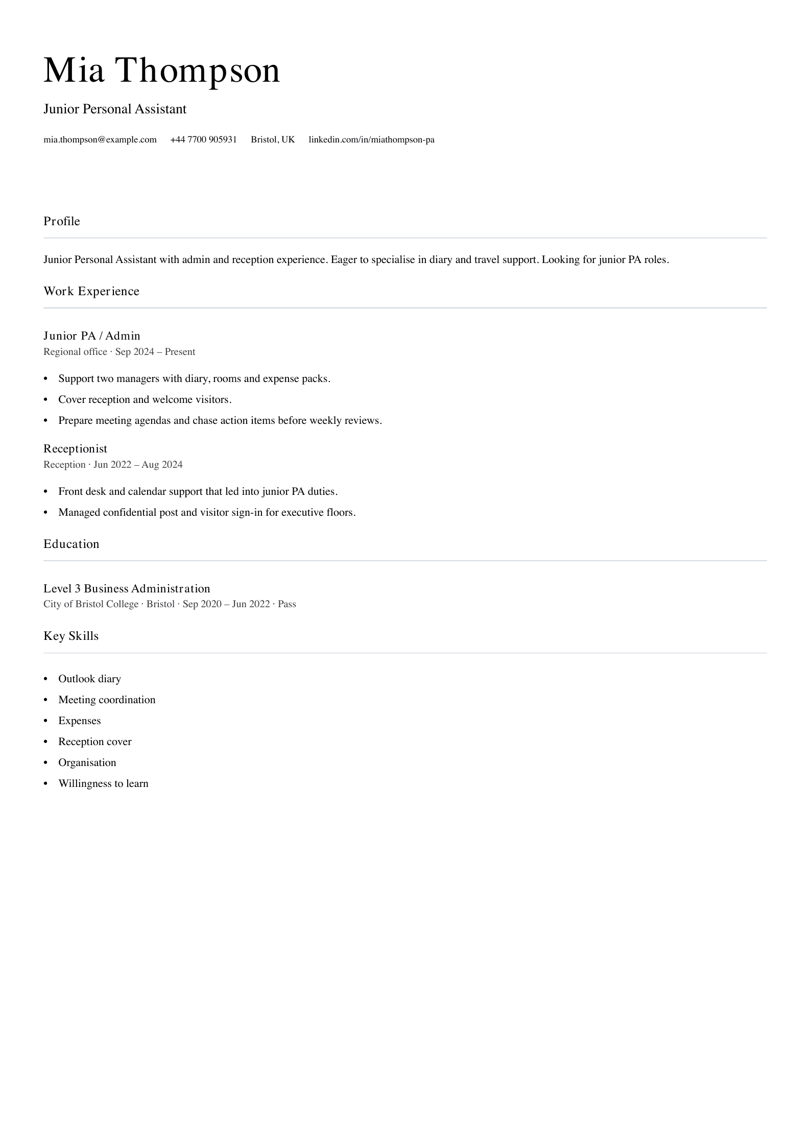 junior personal assistant cv template
