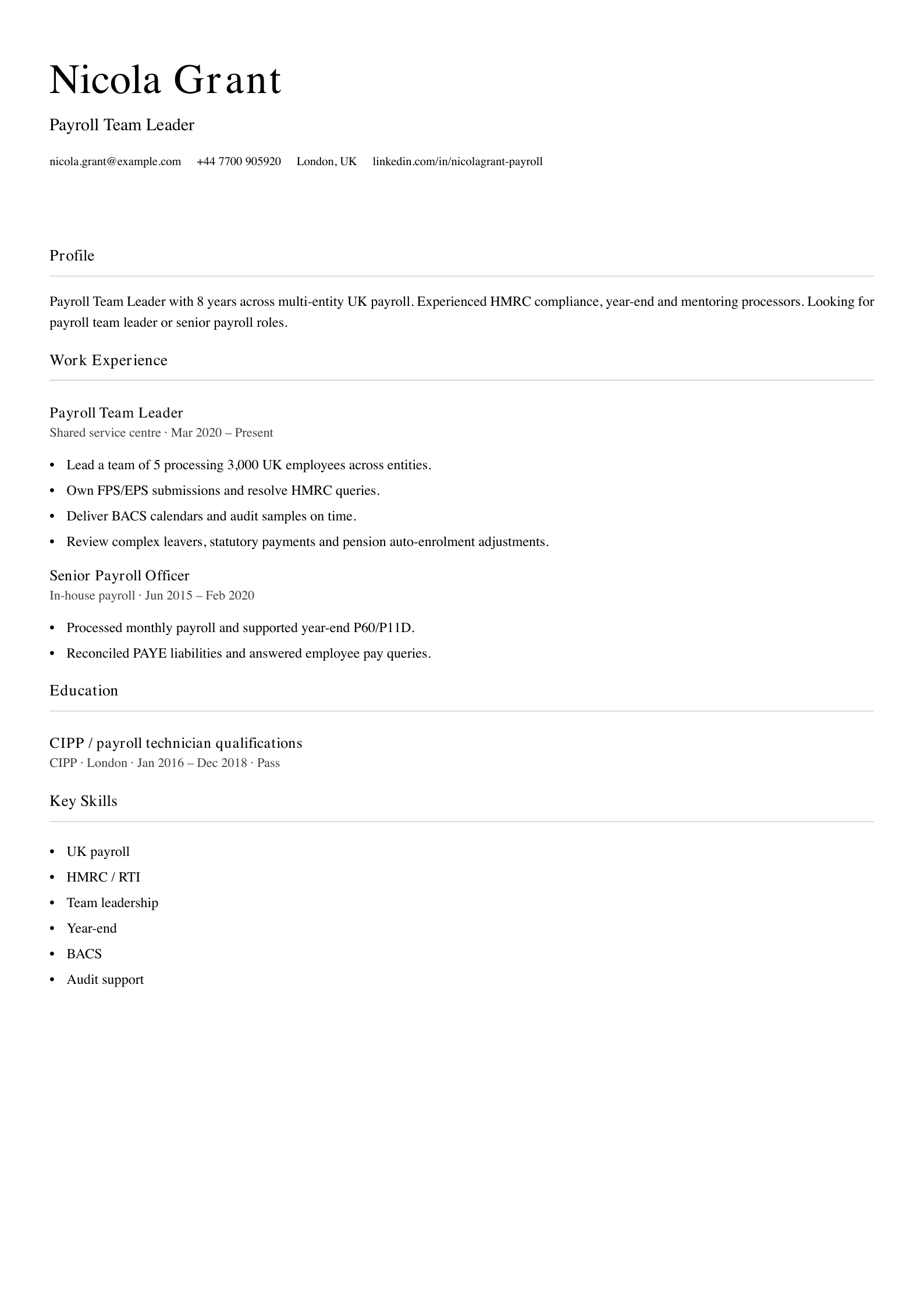 multi-entity payroll team leader cv template