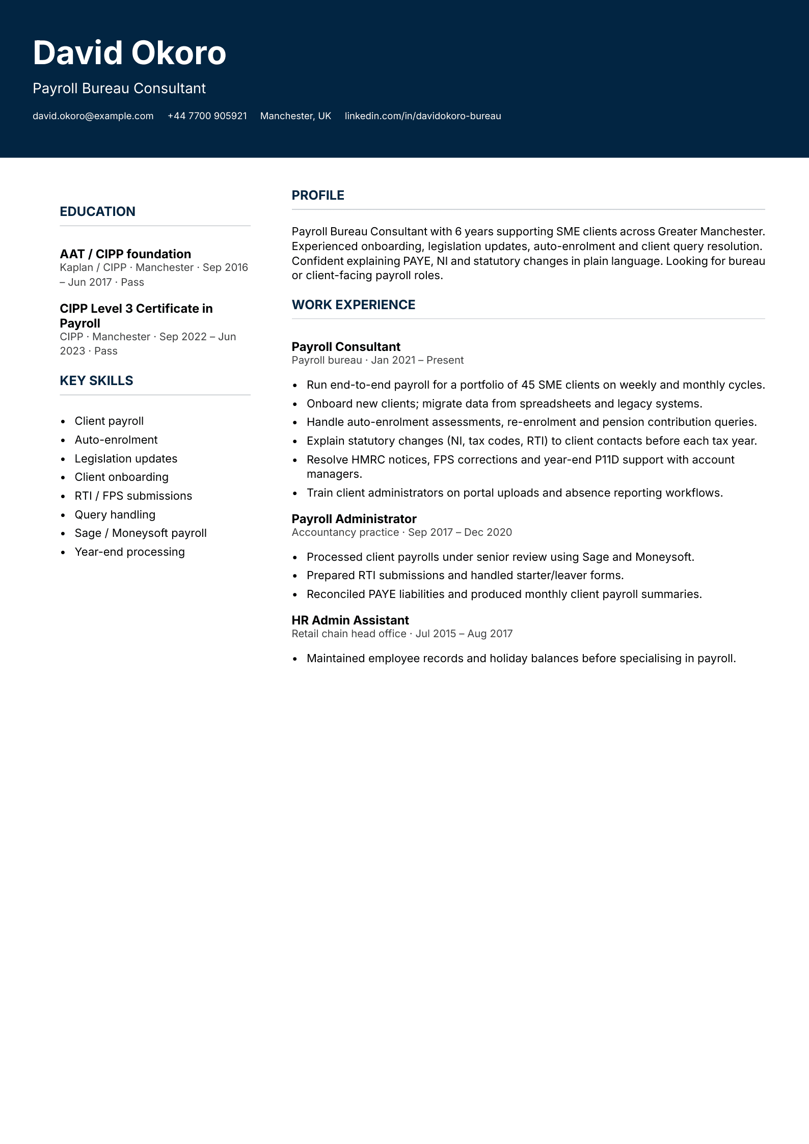 payroll bureau consultant cv template