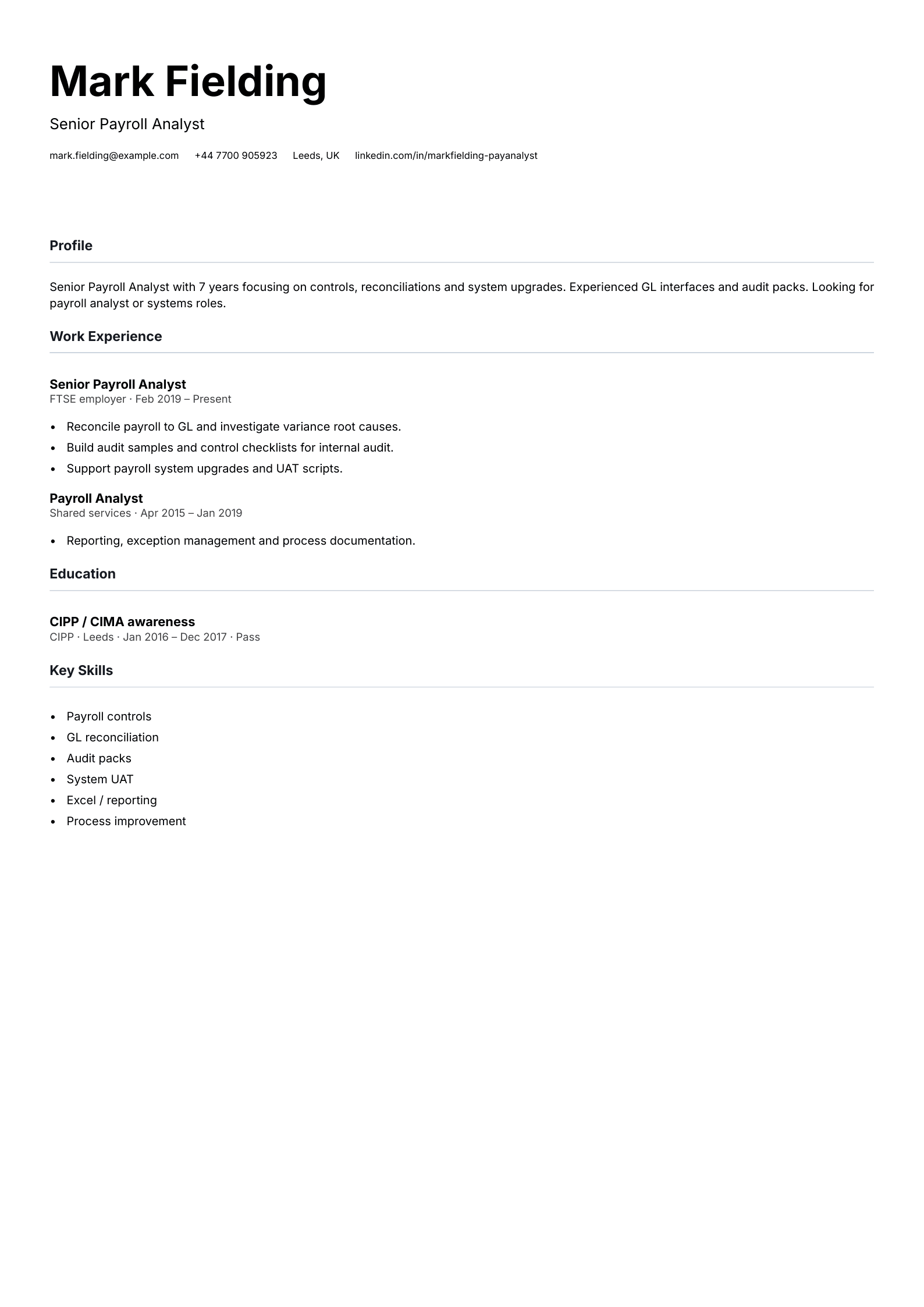 senior payroll analyst cv template