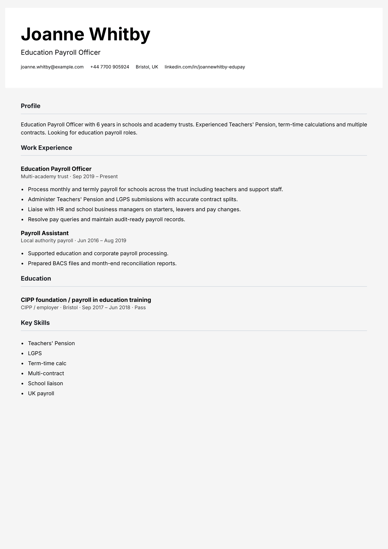 education payroll officer cv template