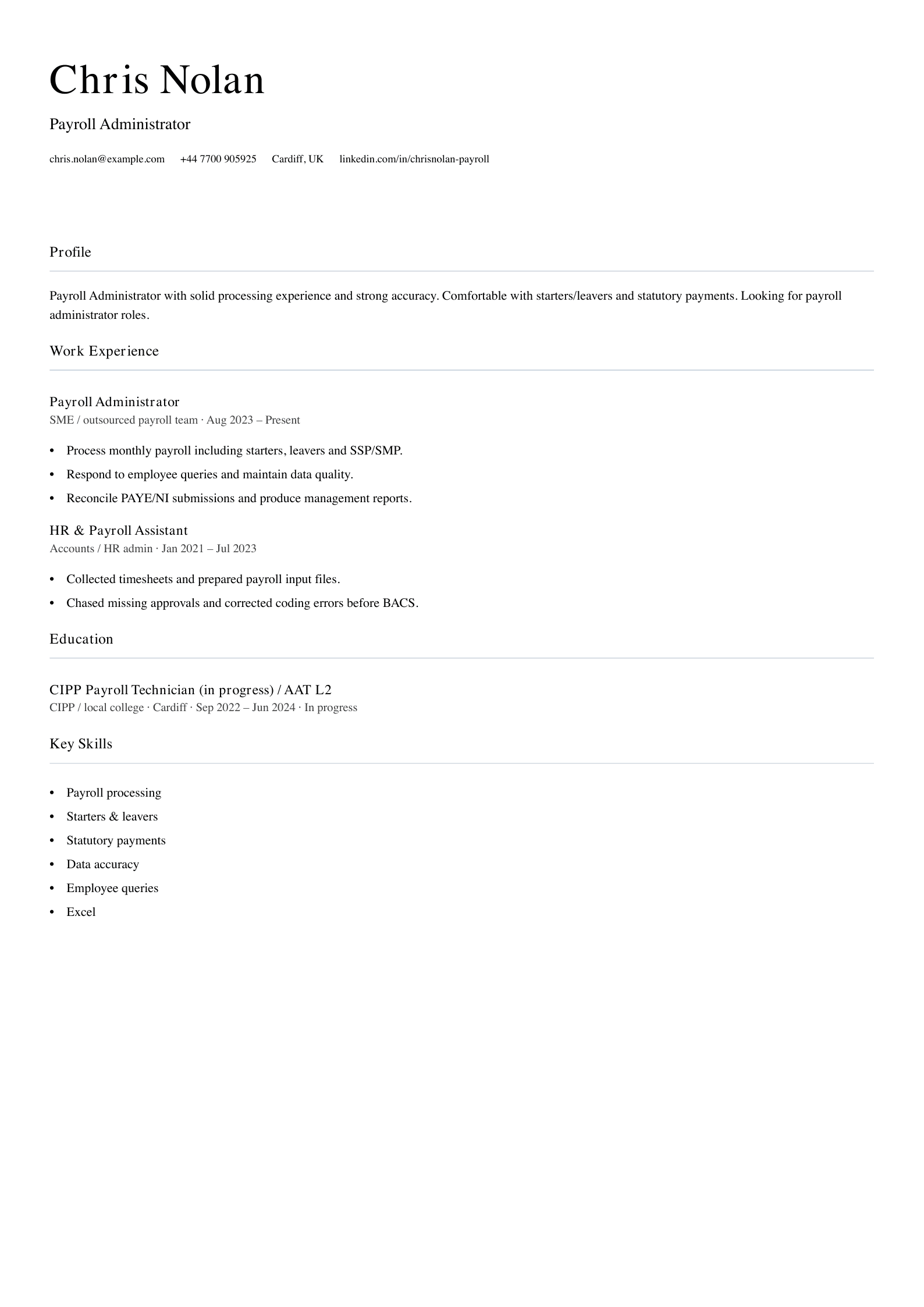 monthly payroll administrator cv template
