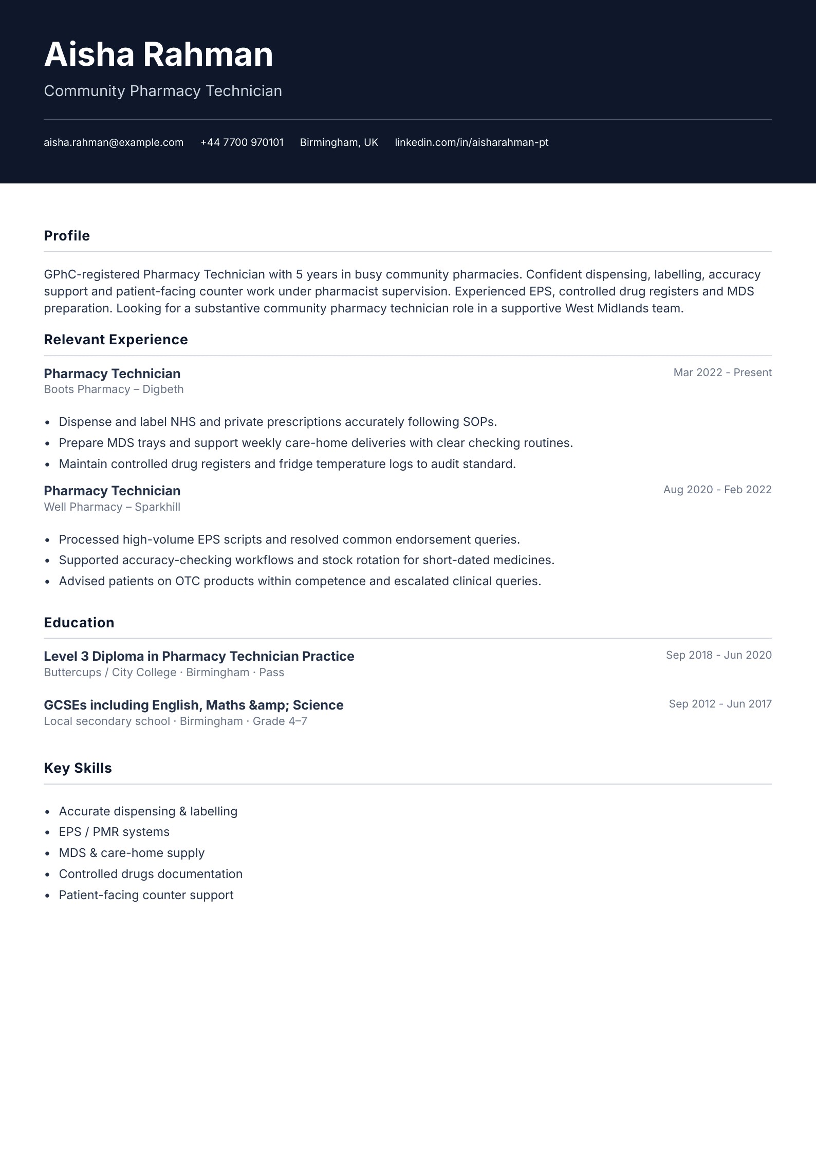 Community pharmacy technician CV template