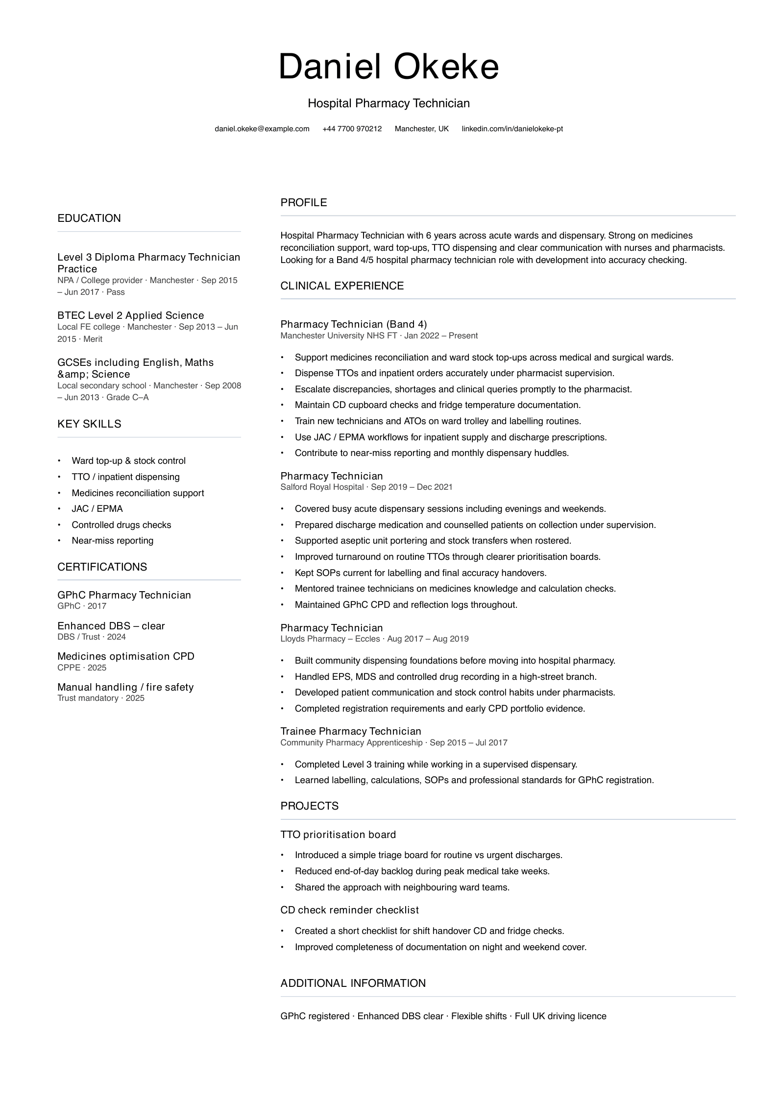 hospital pharmacy technician CV template