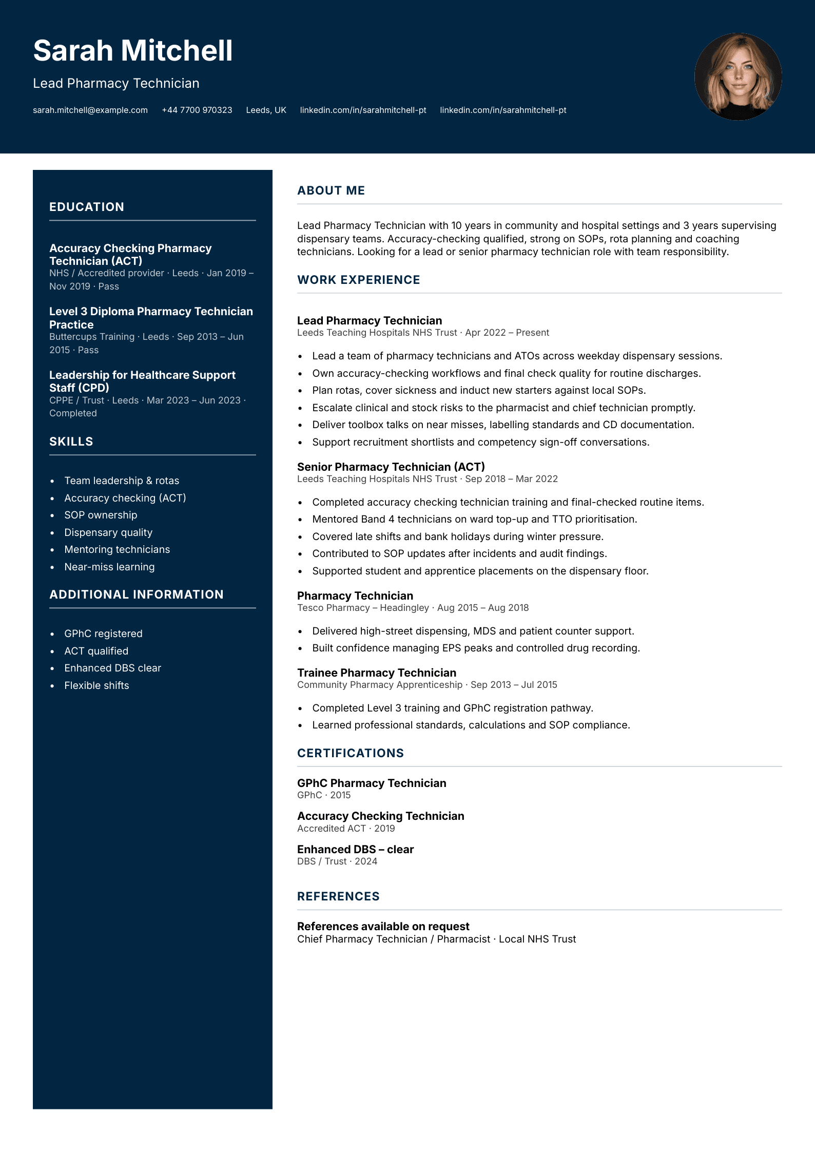 Lead pharmacy technician CV template