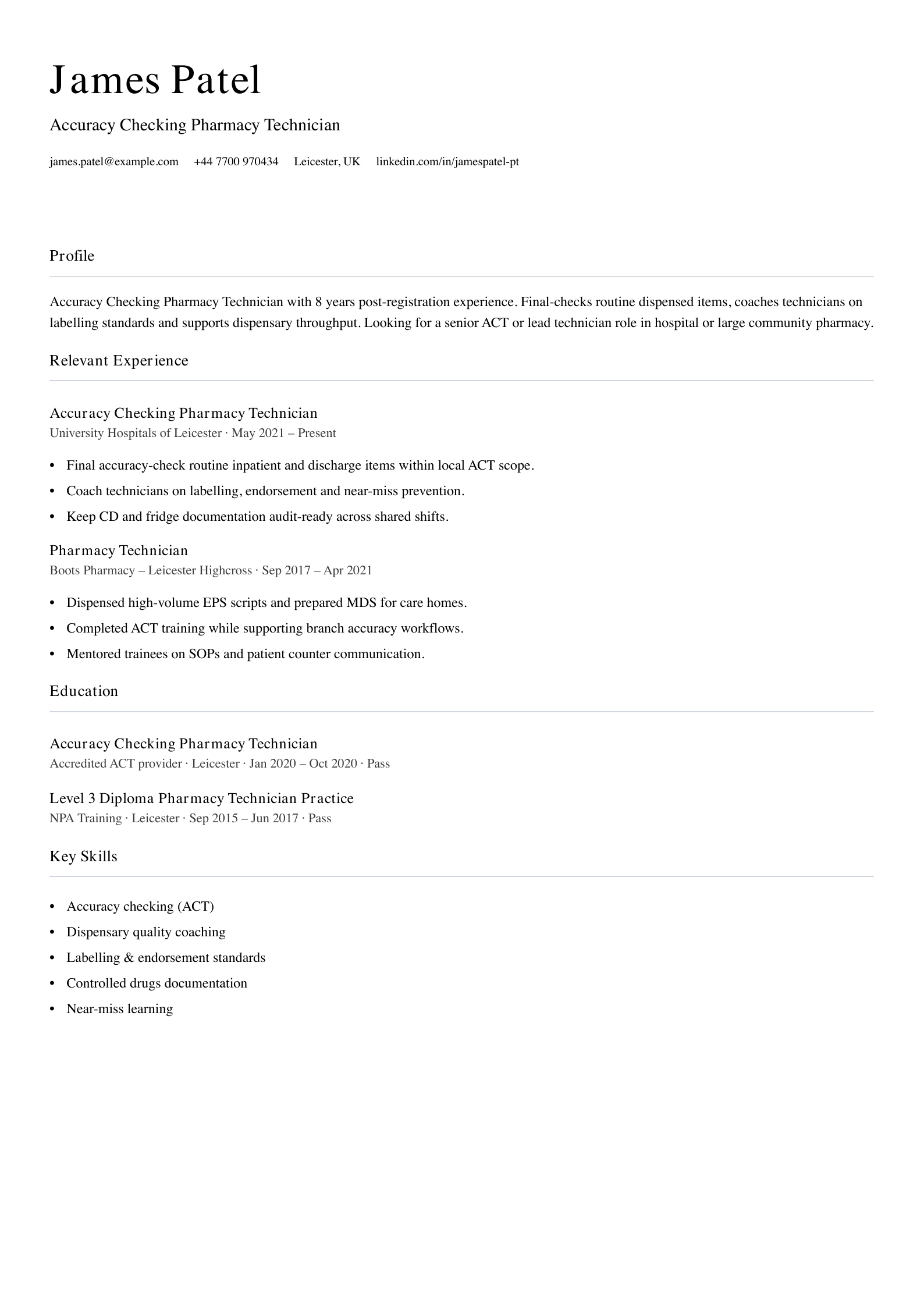 Accuracy checking pharmacy technician CV template