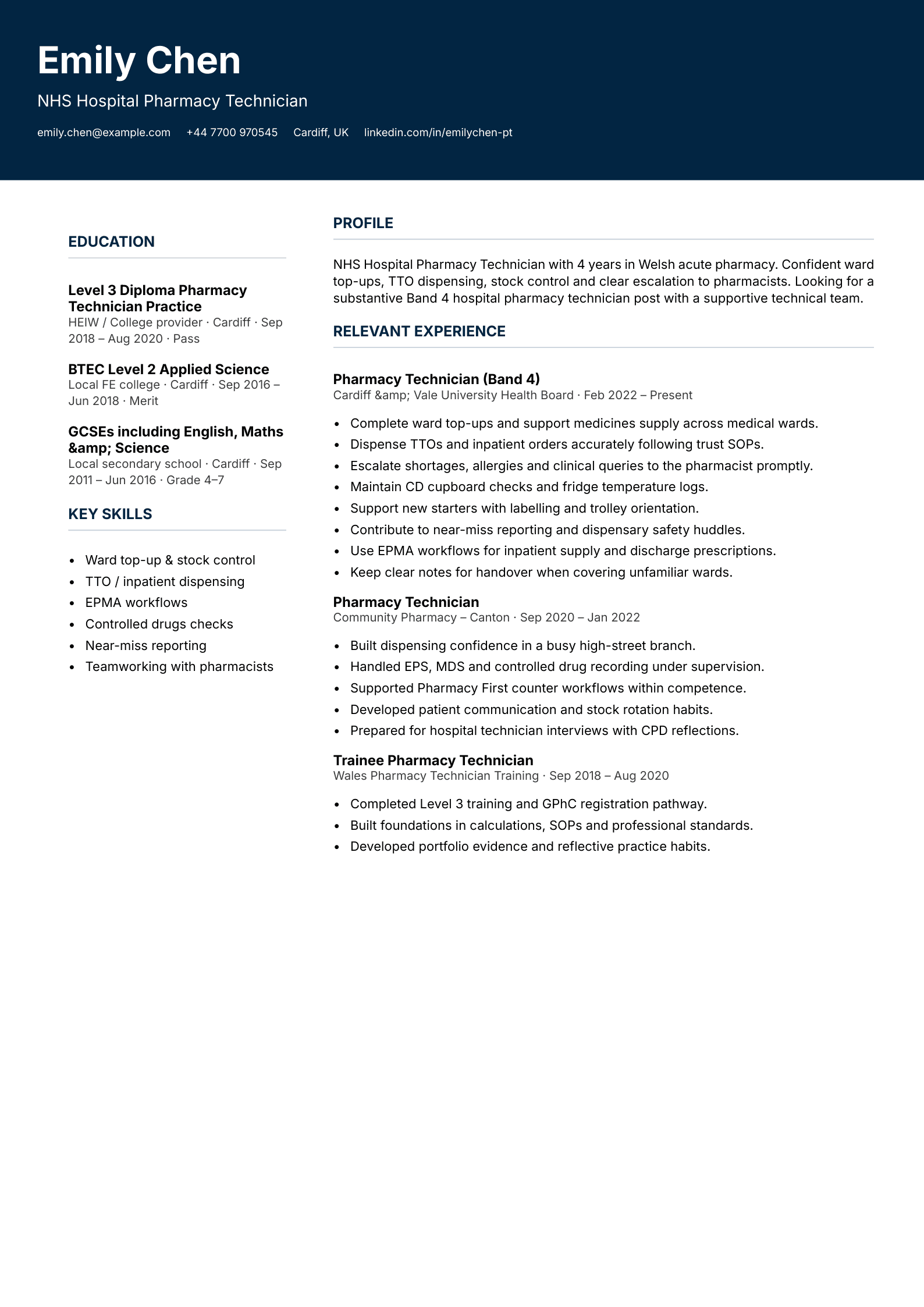 NHS hospital pharmacy technician CV template
