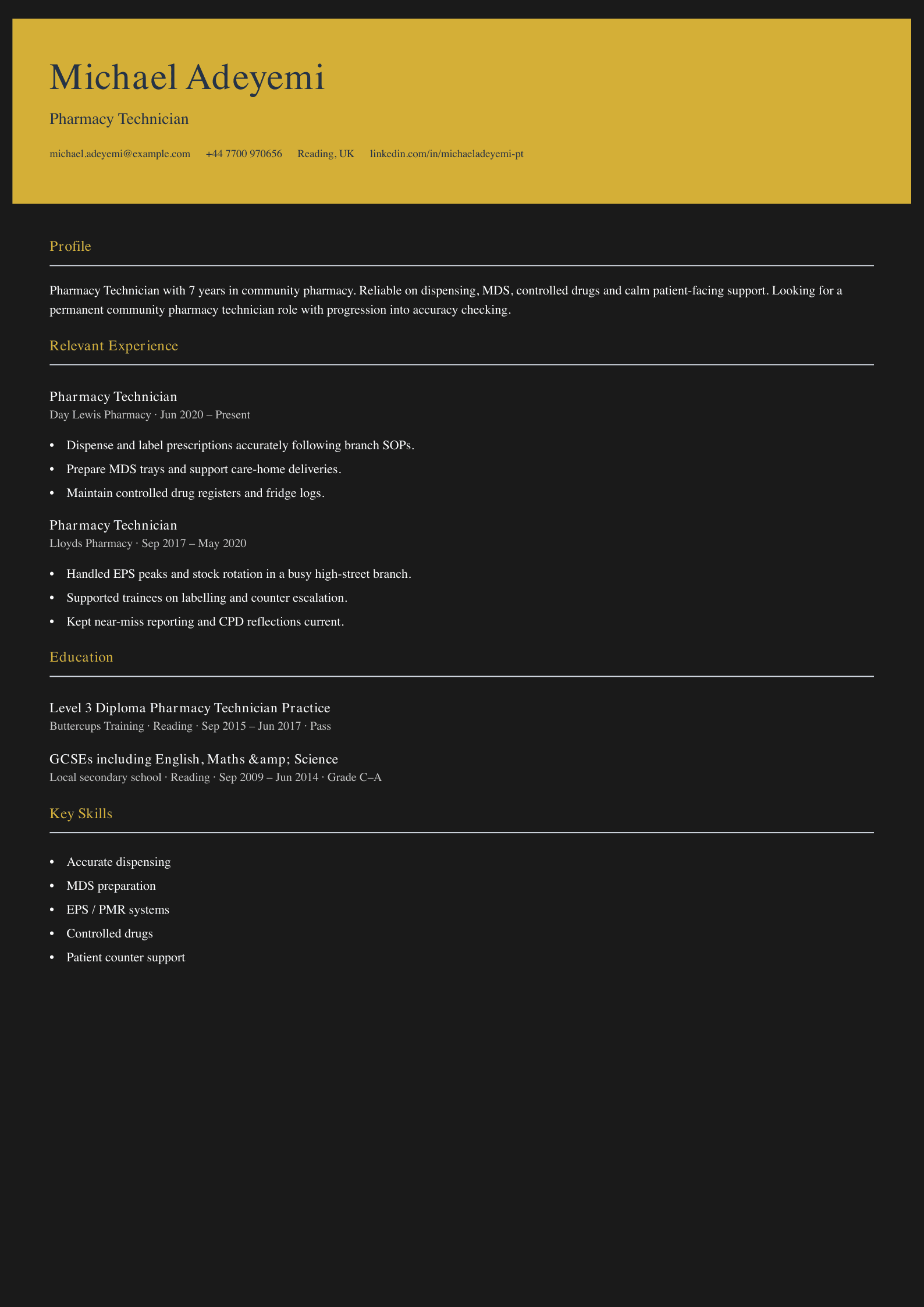 community pharmacy technician CV template lean