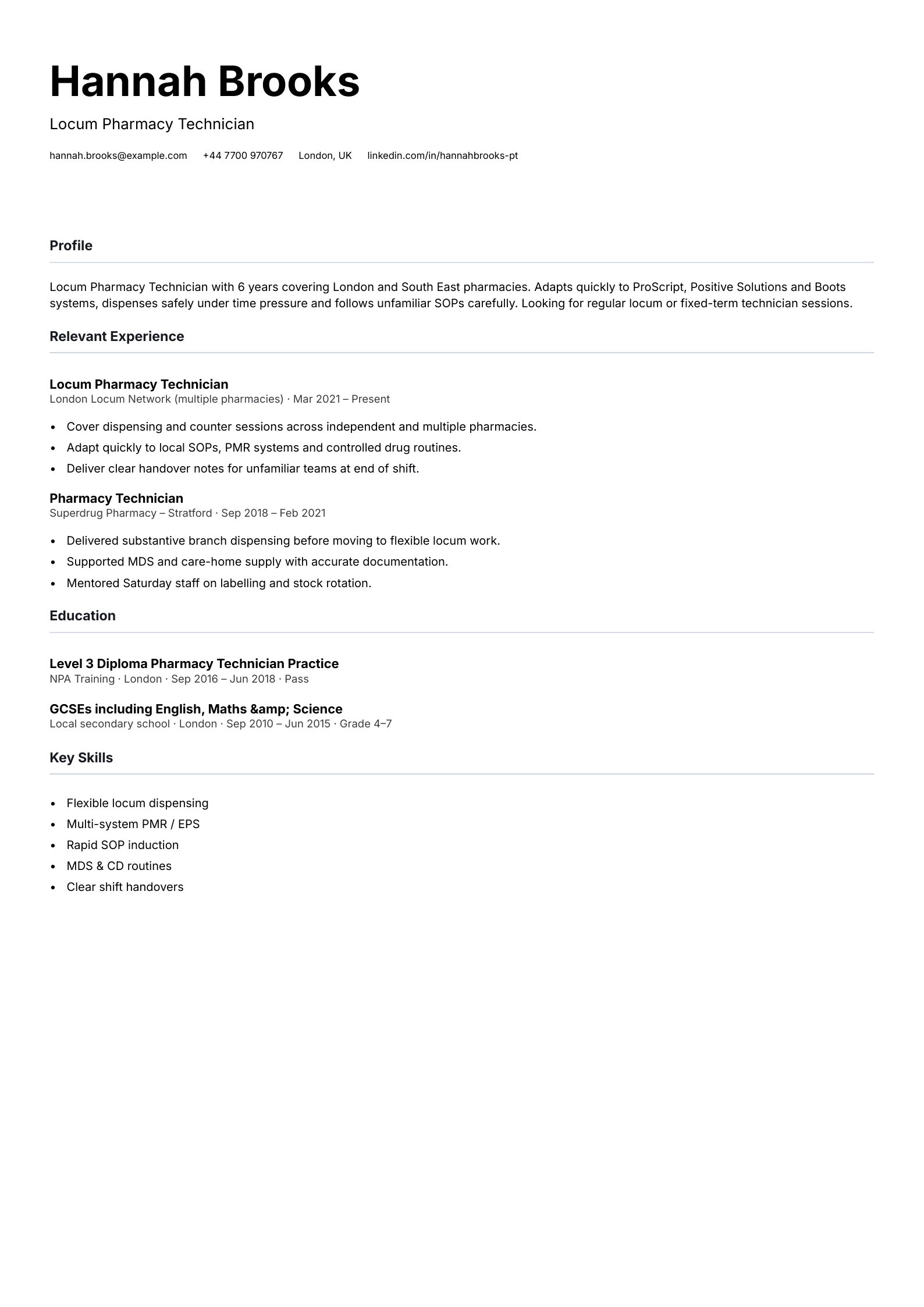 locum pharmacy technician CV template