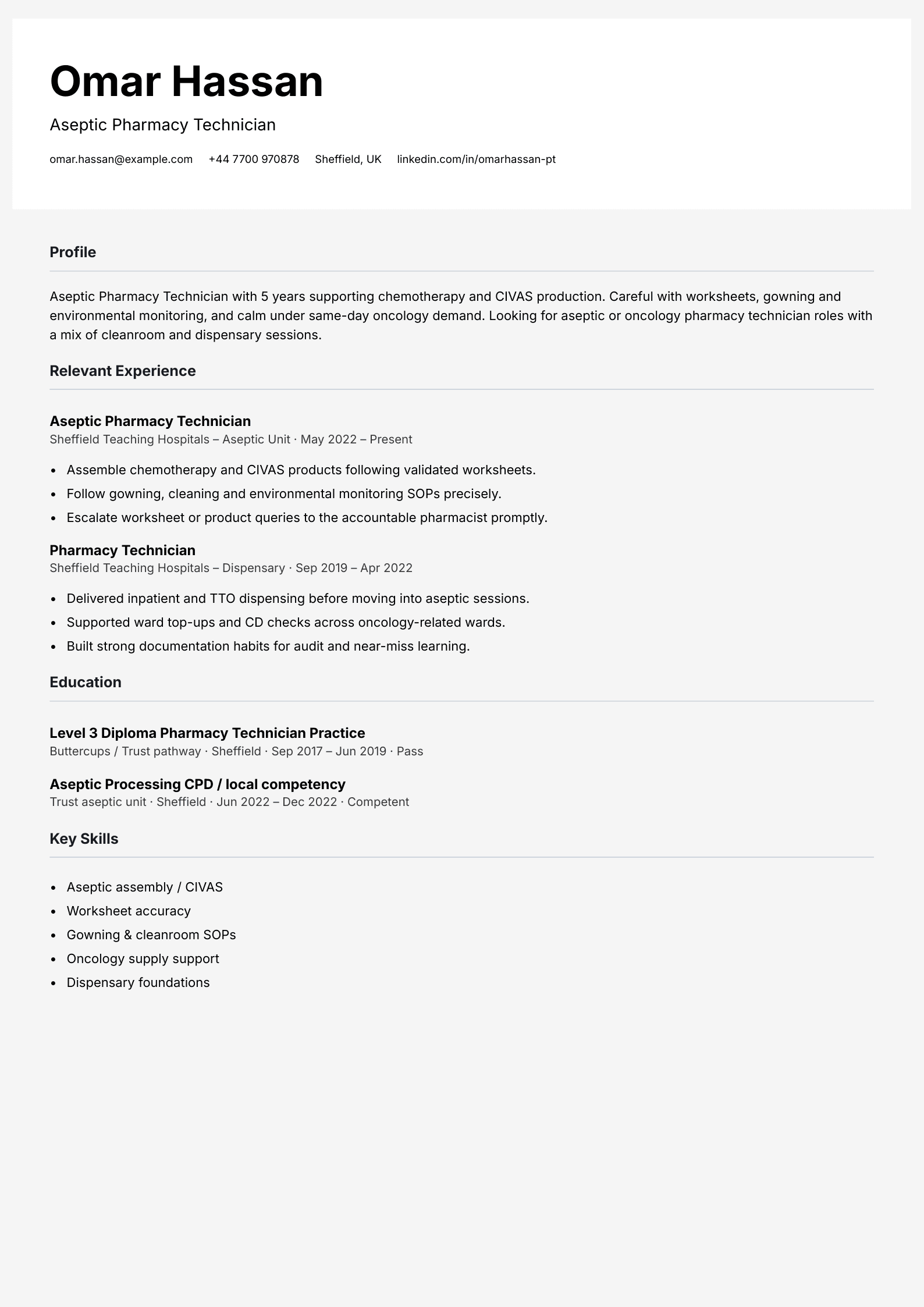 aseptic pharmacy technician CV template