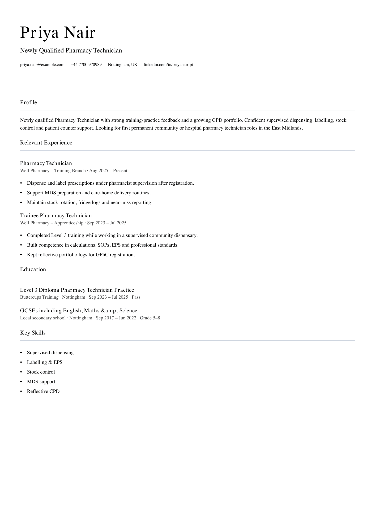 newly qualified pharmacy technician CV template