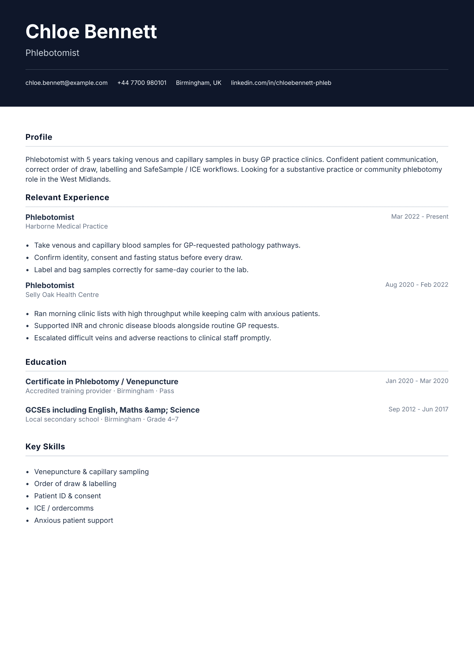 GP practice phlebotomist CV template