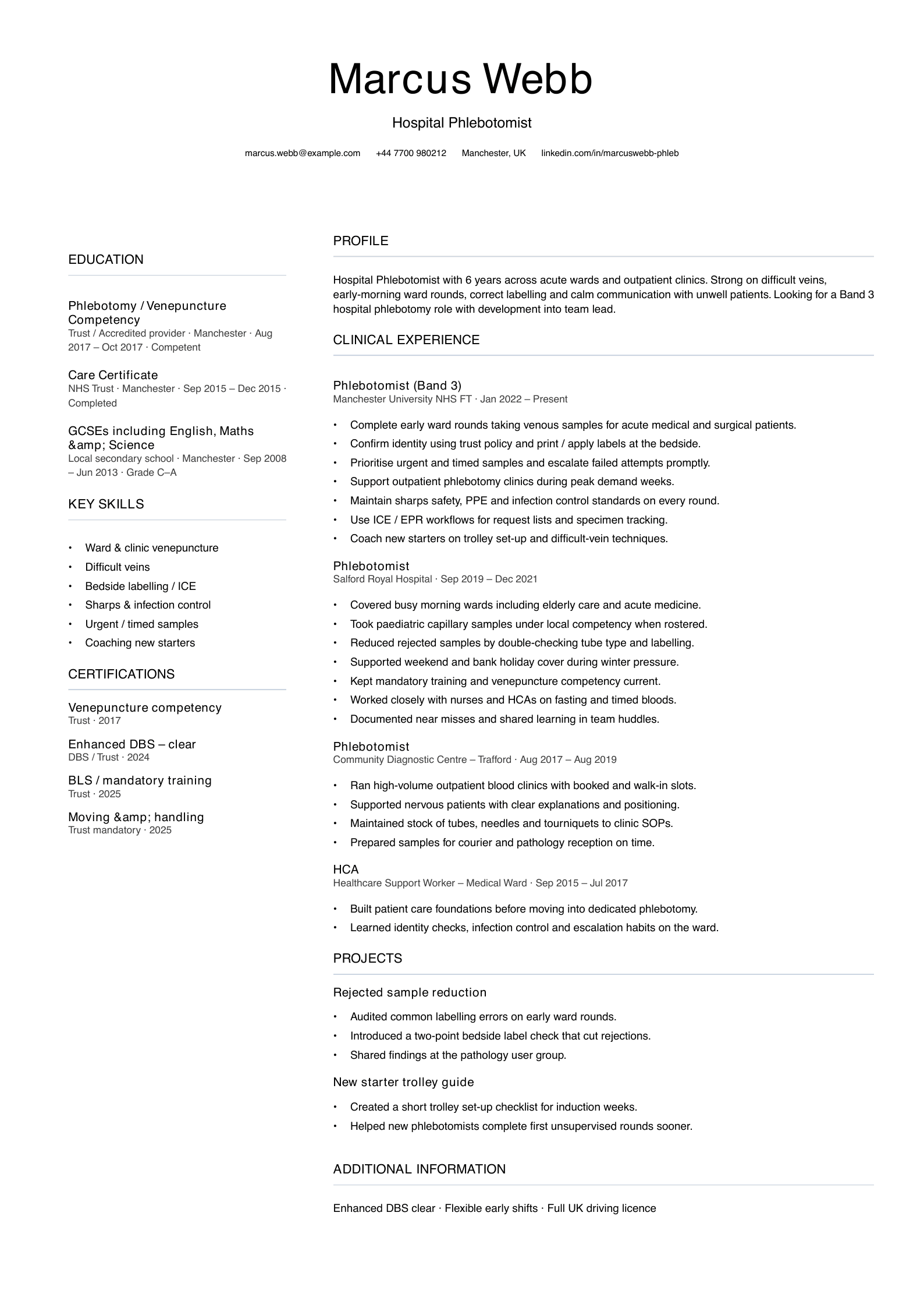 hospital phlebotomist CV template