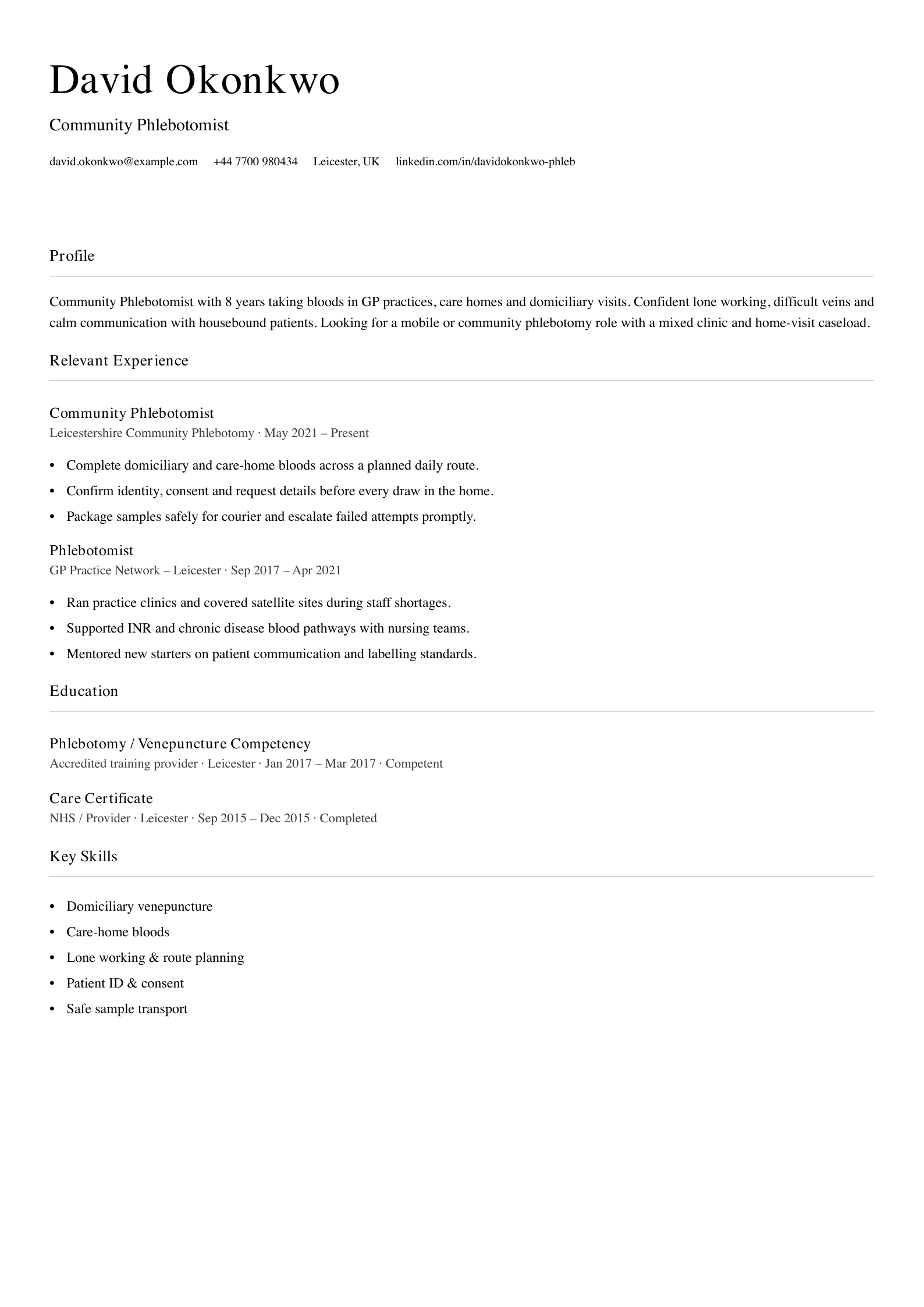 Community phlebotomist CV template