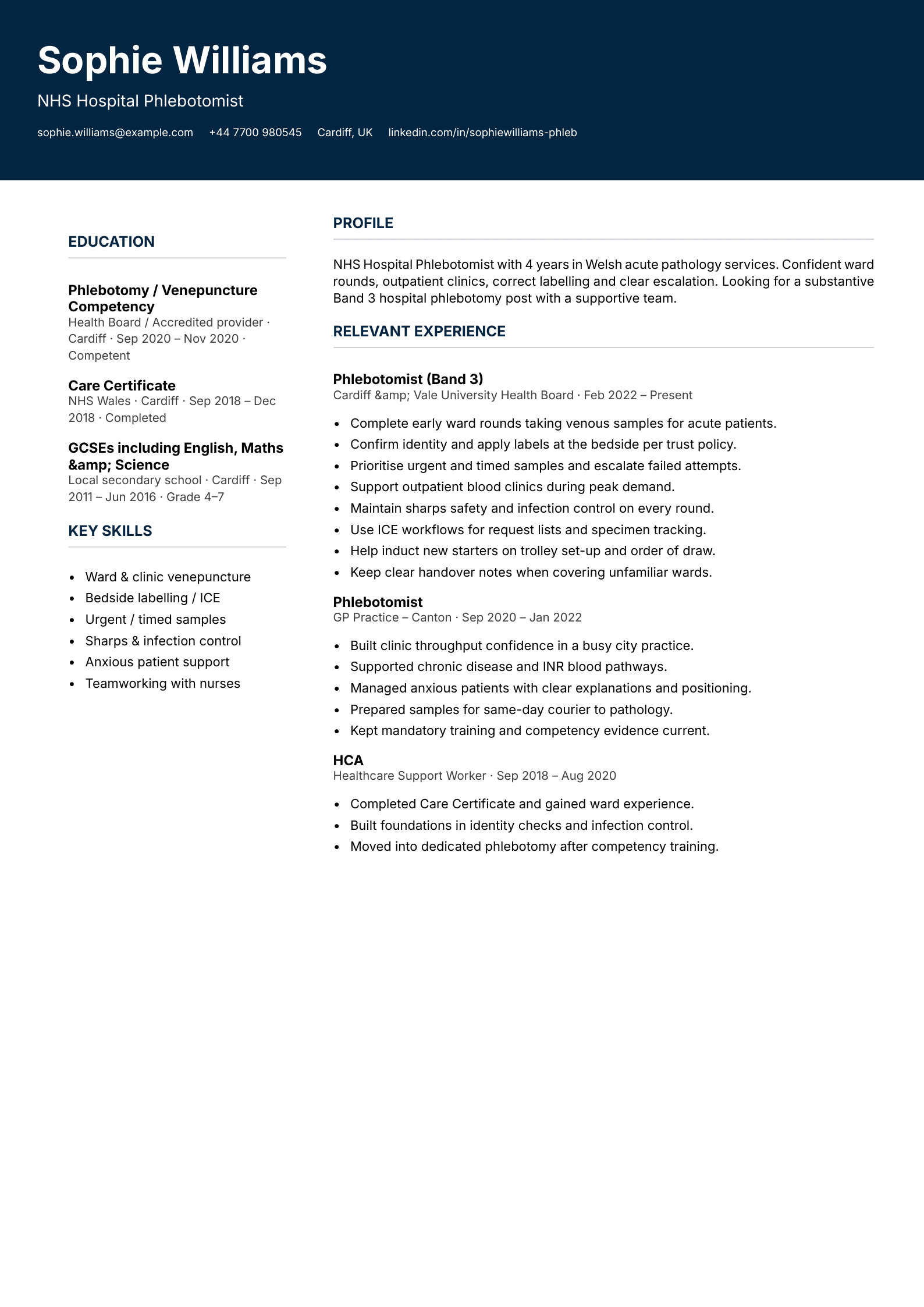 NHS hospital phlebotomist CV template