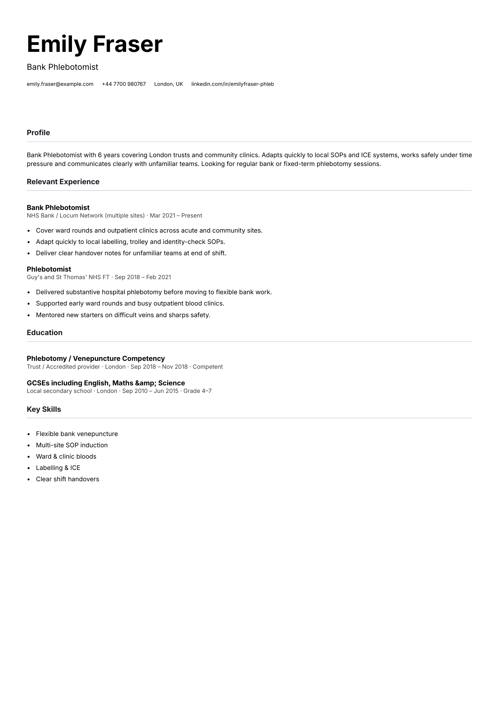 bank phlebotomist CV template