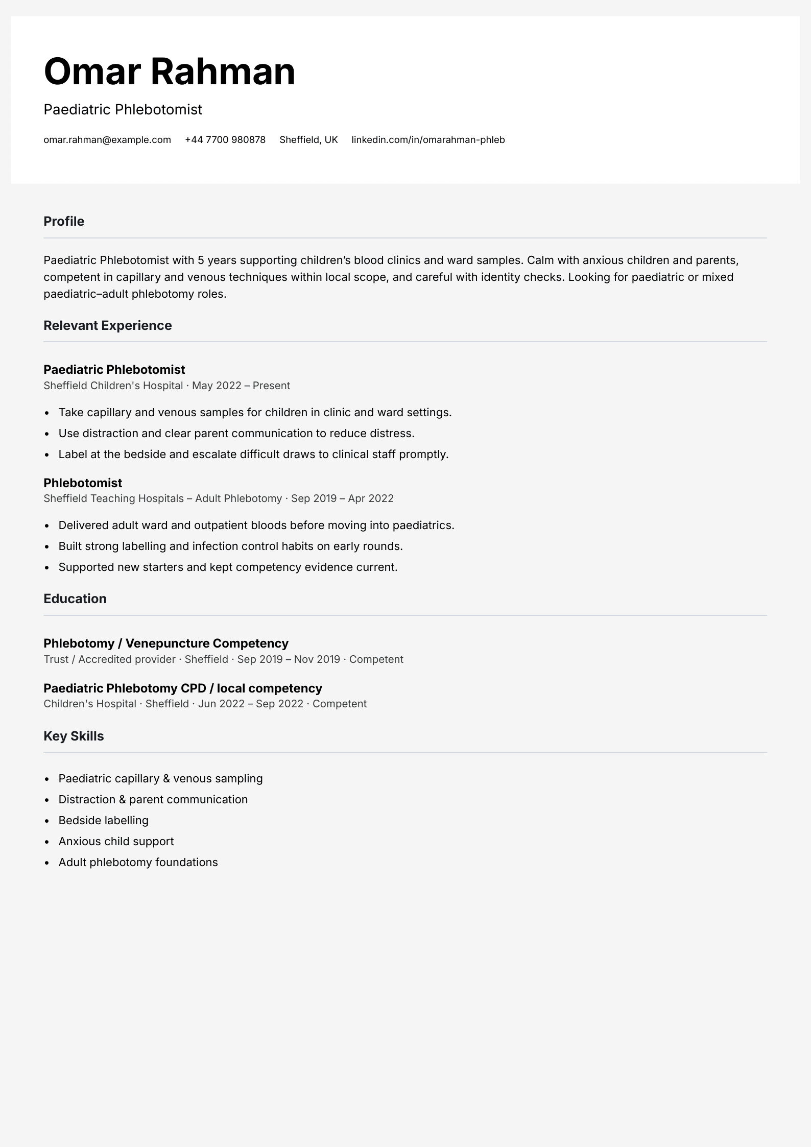 paediatric phlebotomist CV template