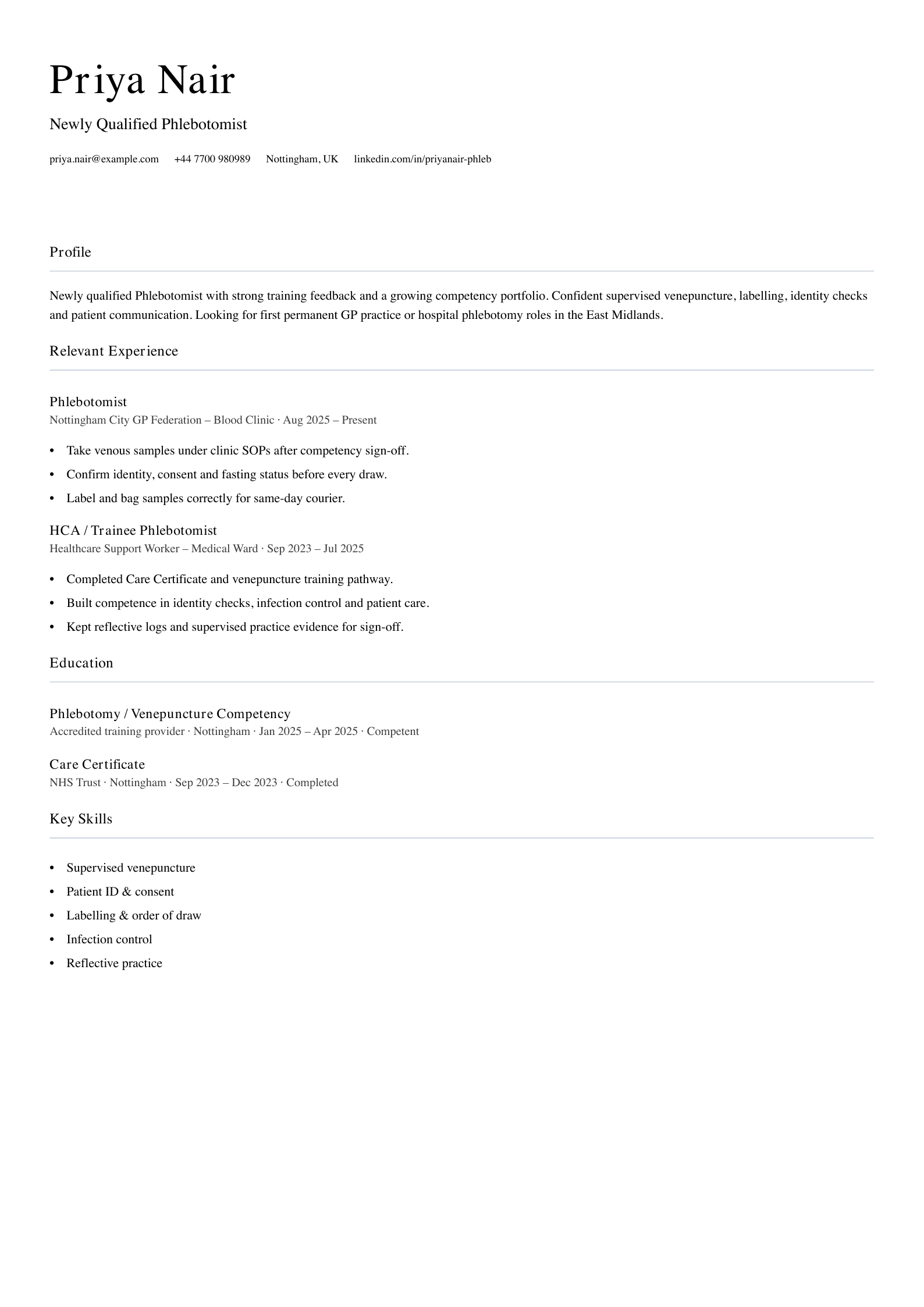 newly qualified phlebotomist CV template