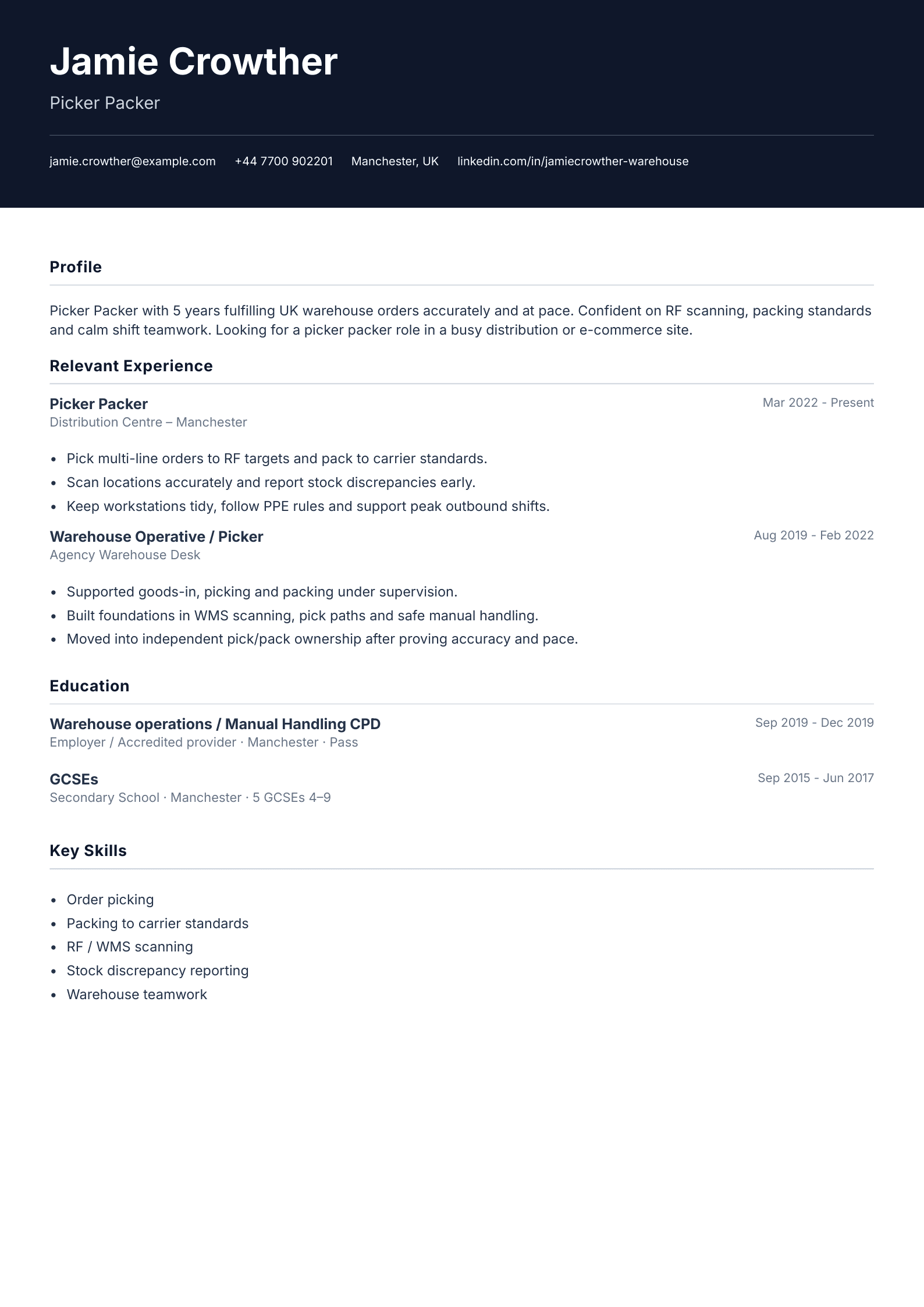 Picker packer CV template
