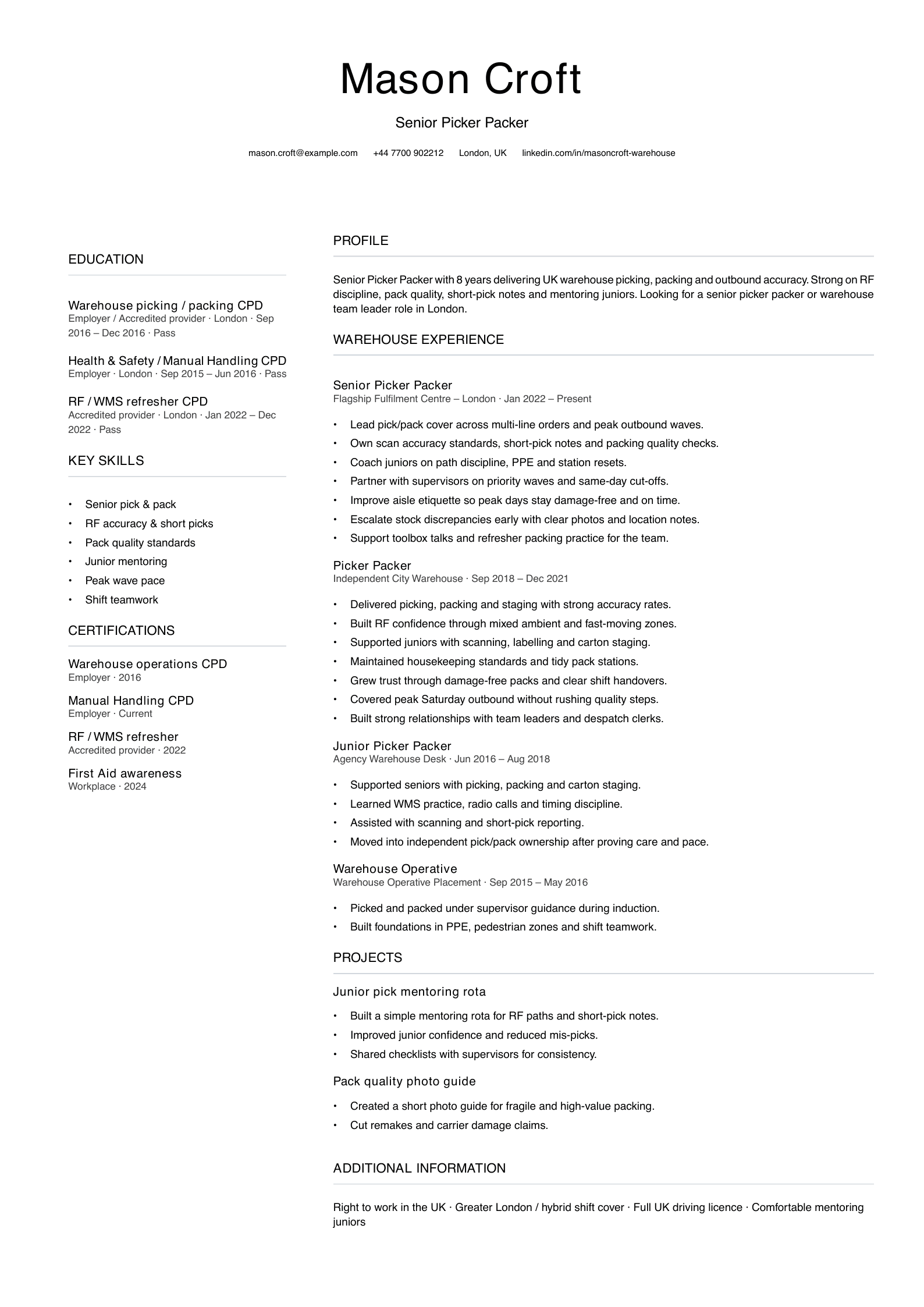 senior picker packer CV template