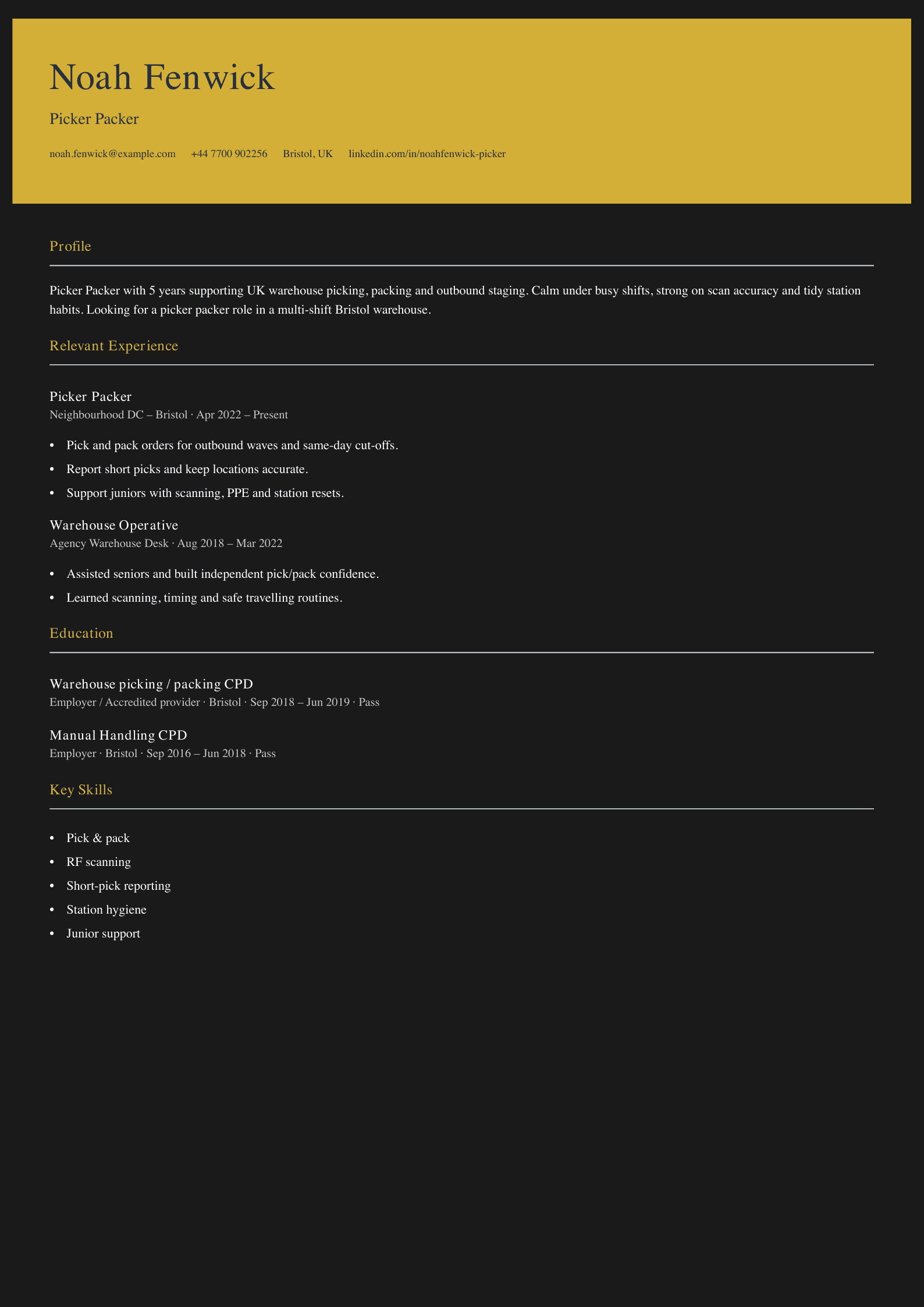 warehouse picker packer CV template